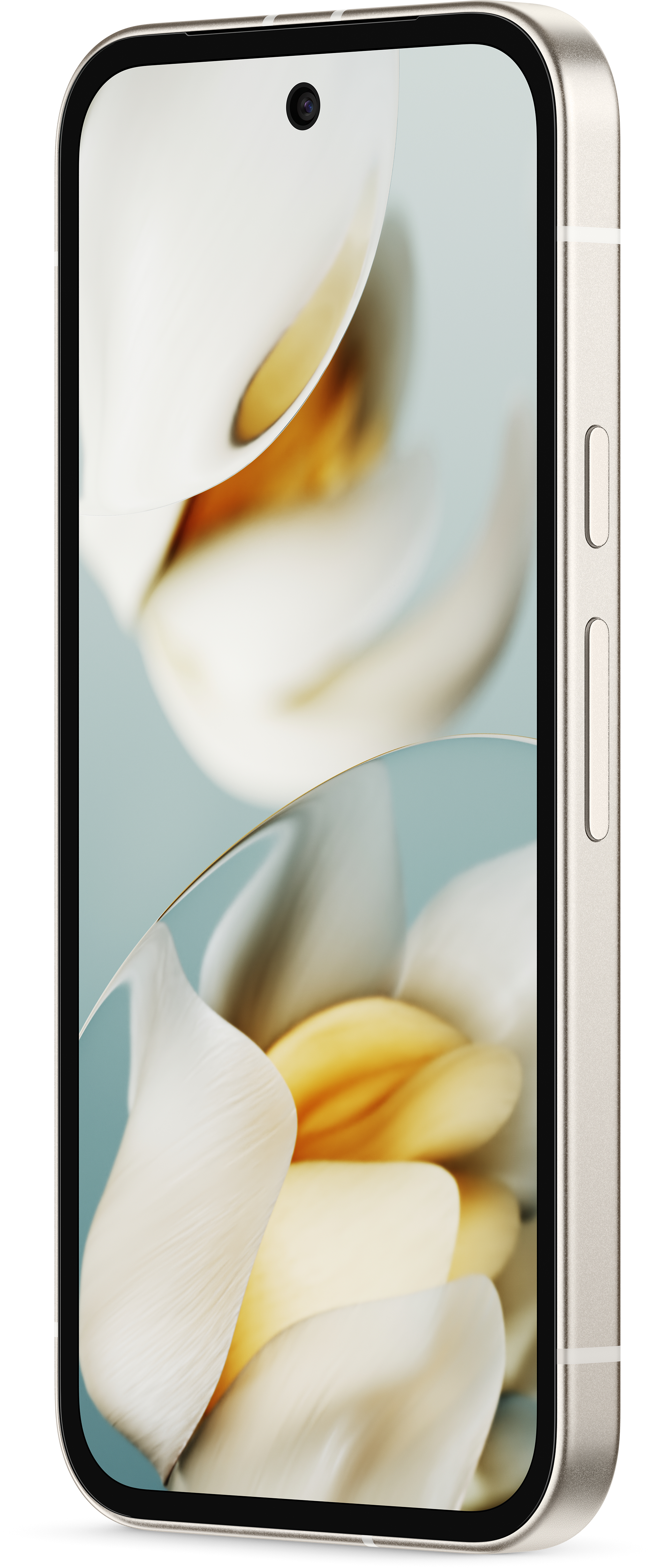 Ein goldenes Smartphone aus einem Seitenwinkel, das den Bildschirm und die Tasten zeigt. Es ist ein schlankes, modernes Design.