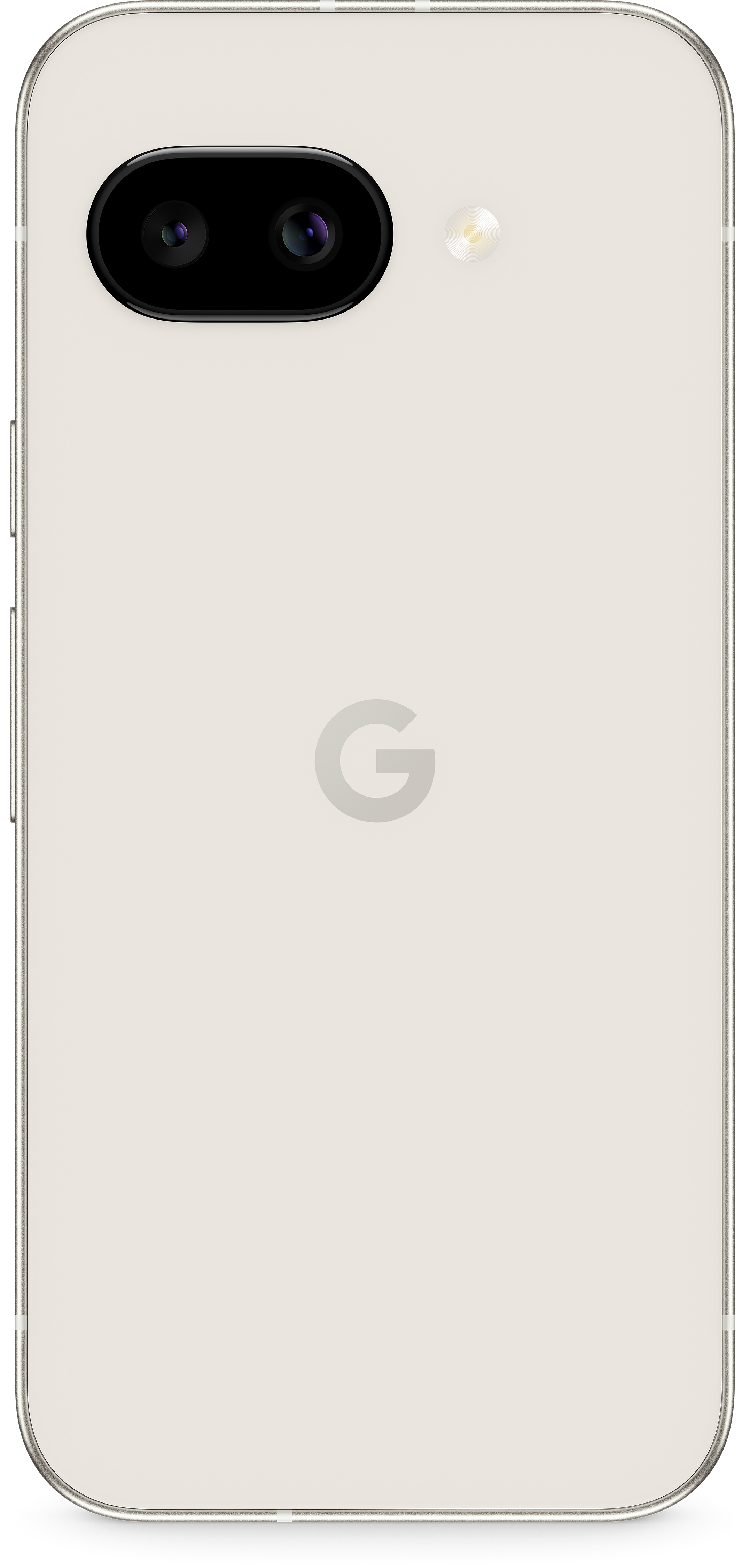 Beige Smartphone-Rückseite mit Dual-Kameras, Blitz und Google-Logo. Sauberes, einfaches Design.