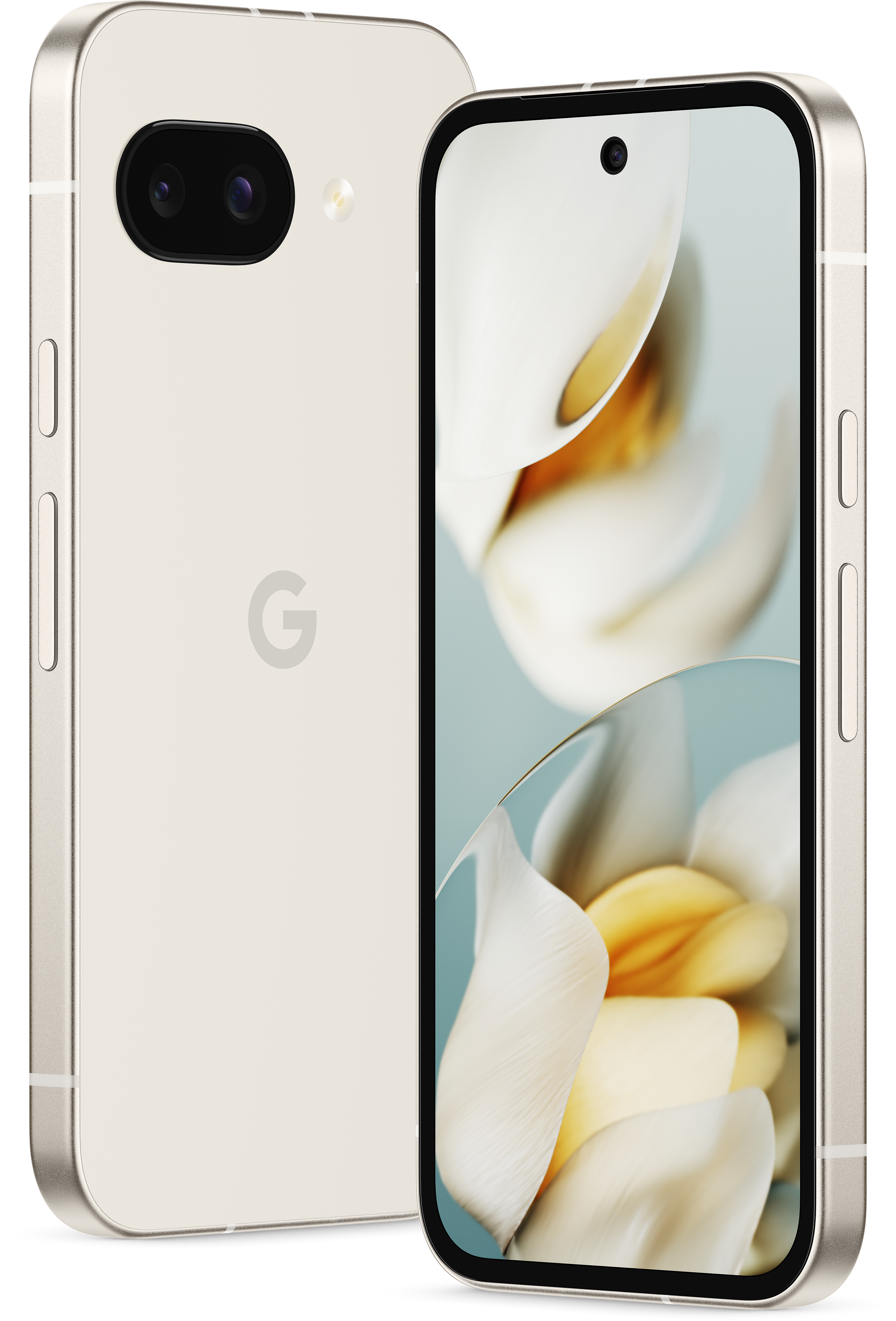 Ein Smartphone mit Dual-Kameras und Rückseite mit Google-Logo und einem Bildschirm mit Blumenbild.