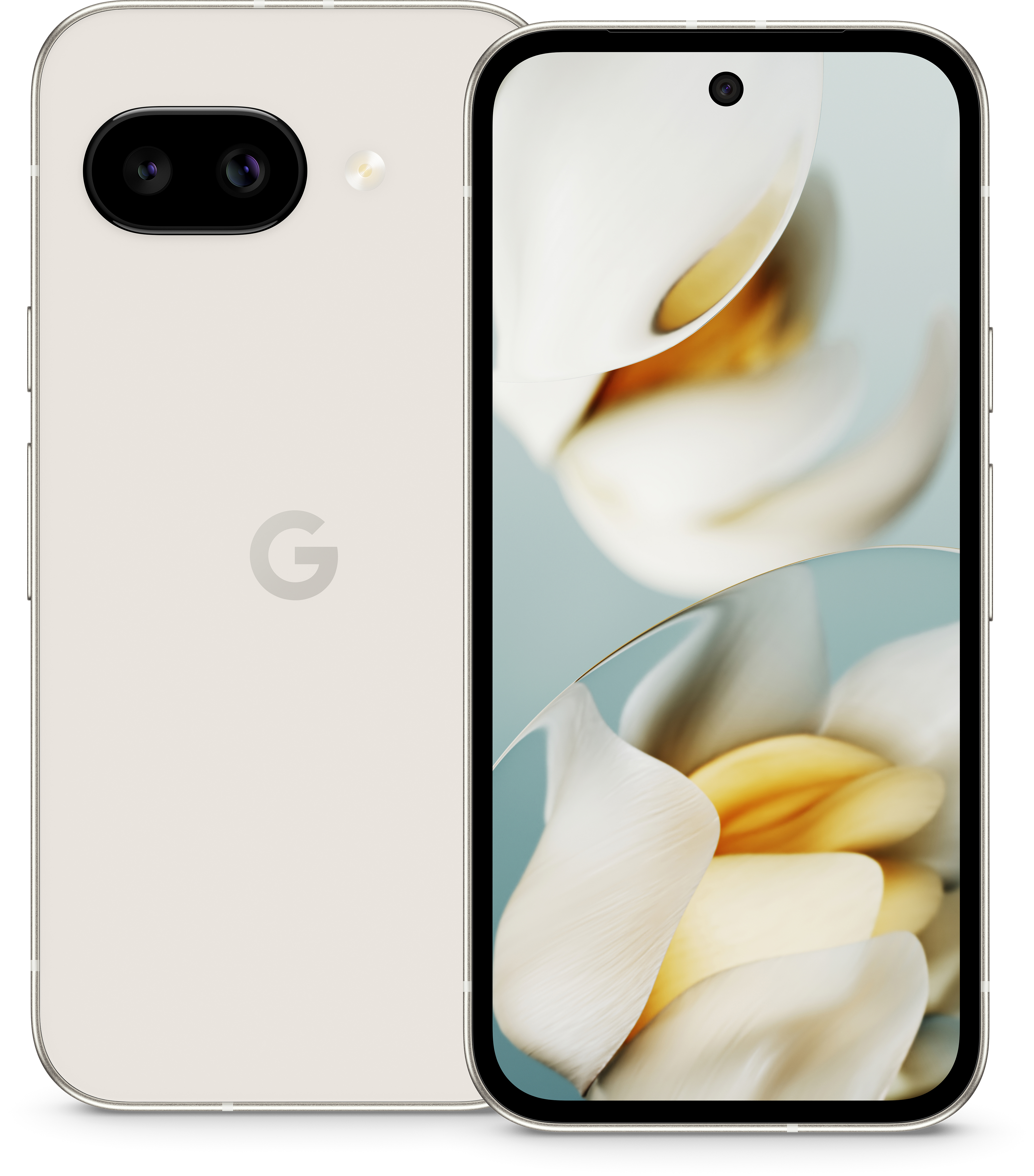 Smartphone, zwei Seiten gezeigt. Rückseite mit Google-Logo, Vorderseite mit Blumen.