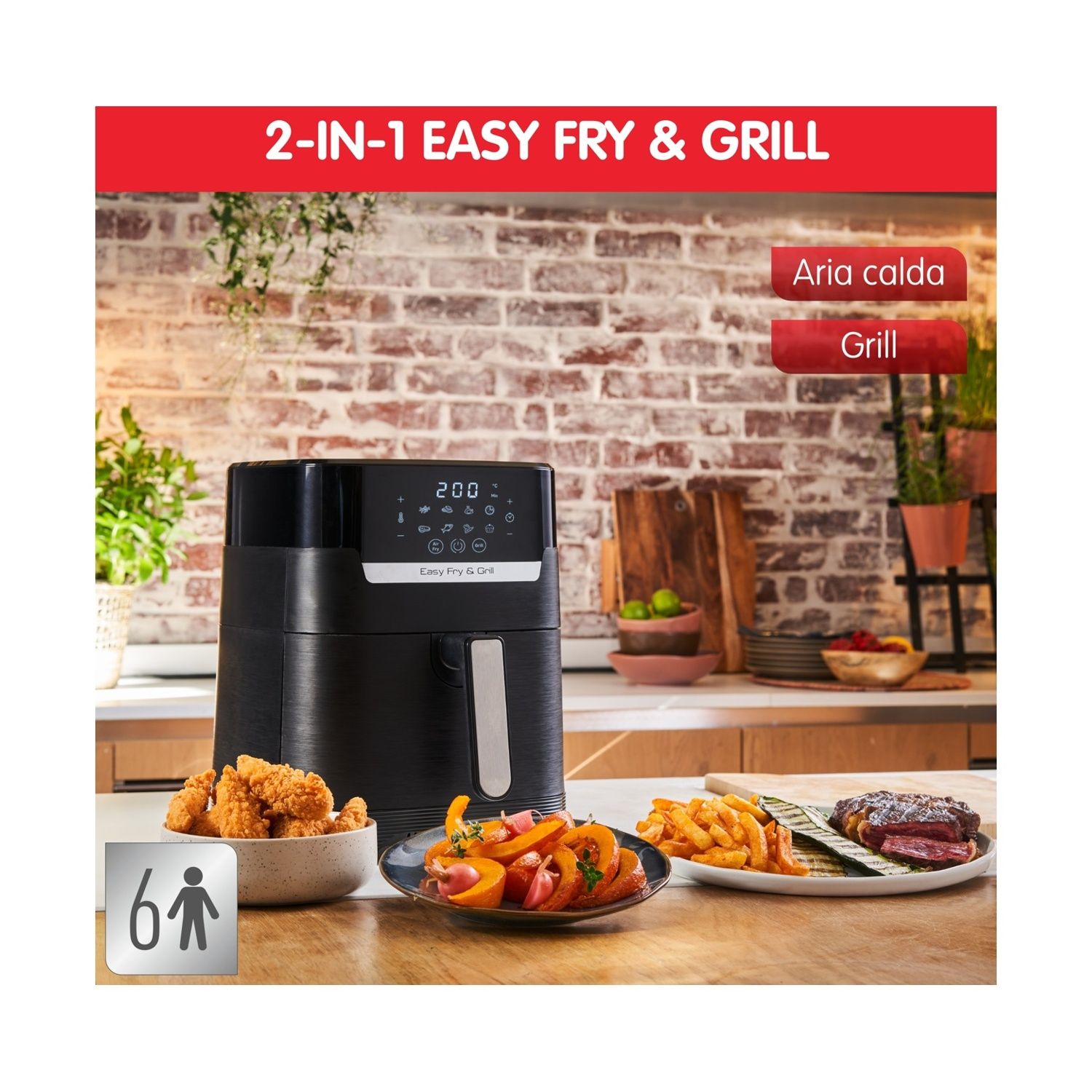 Friggitrice ad aria nera con cibo su un tavolo. Ha un display digitale e una maniglia con la scritta 'Easy Fry & Grill'.