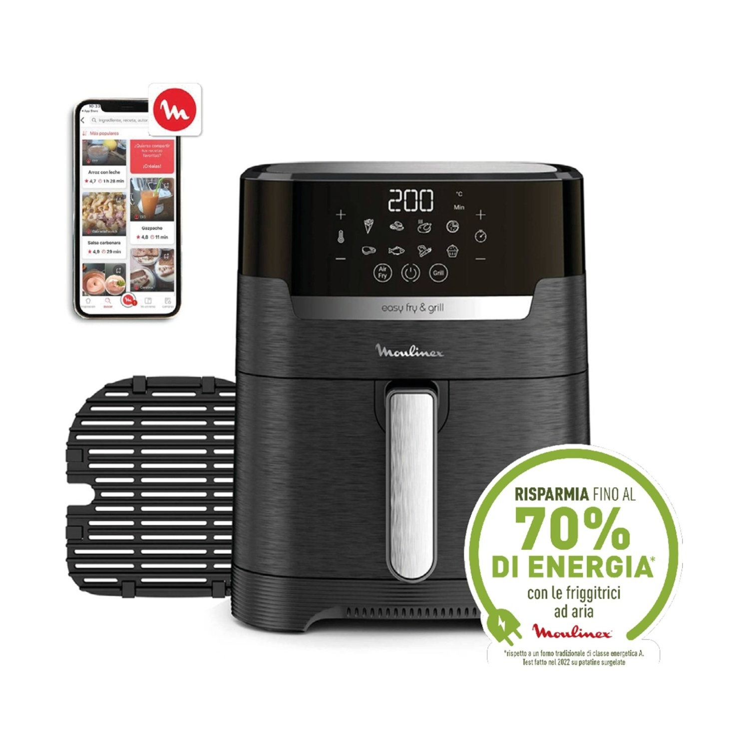 Friggitrice ad aria Moulinex Easy Fry & Grill con display digitale, cestello grill e smartphone con app.