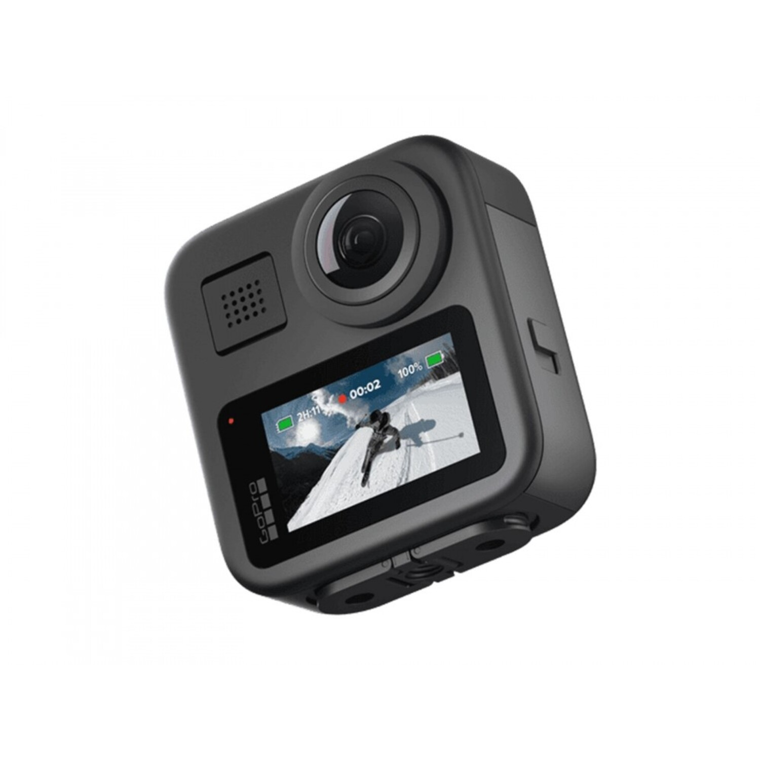 Black GoPro camera, cube-shaped with a screen showing a skier, controls and a battery indicator.
