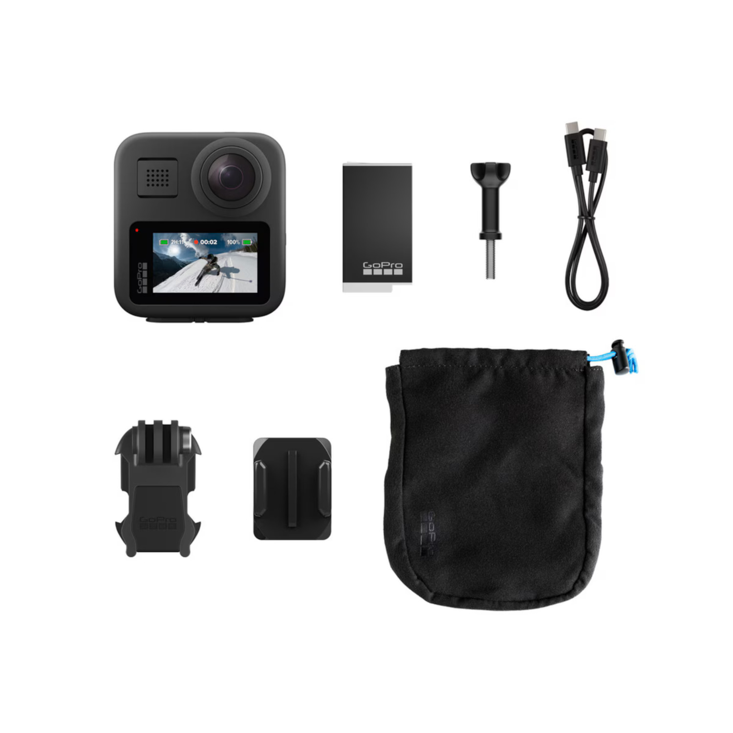 A GoPro camera and accessories are arranged. Includes the camera, battery, mount, and a black pouch.