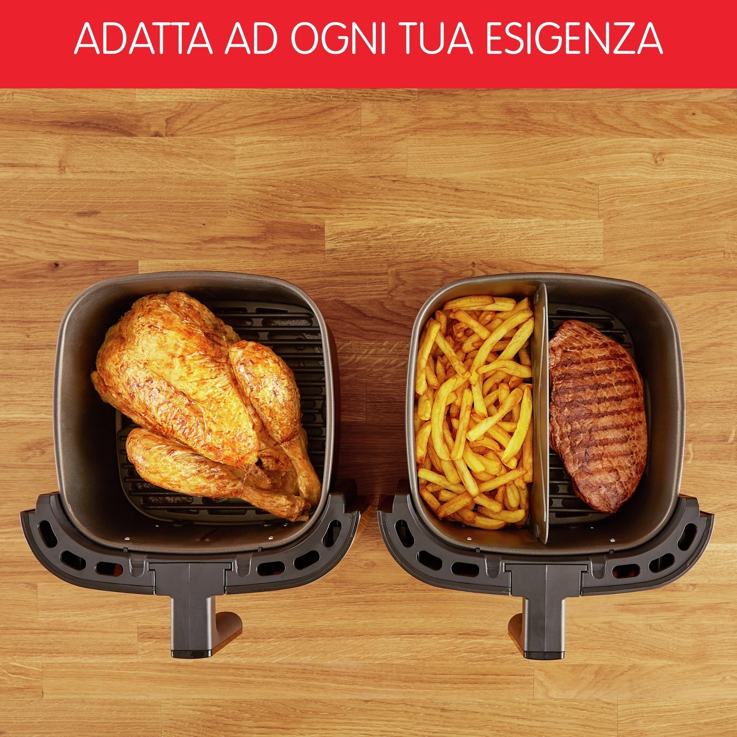 Friggitrice ad aria con pollo, patatine e bistecca.