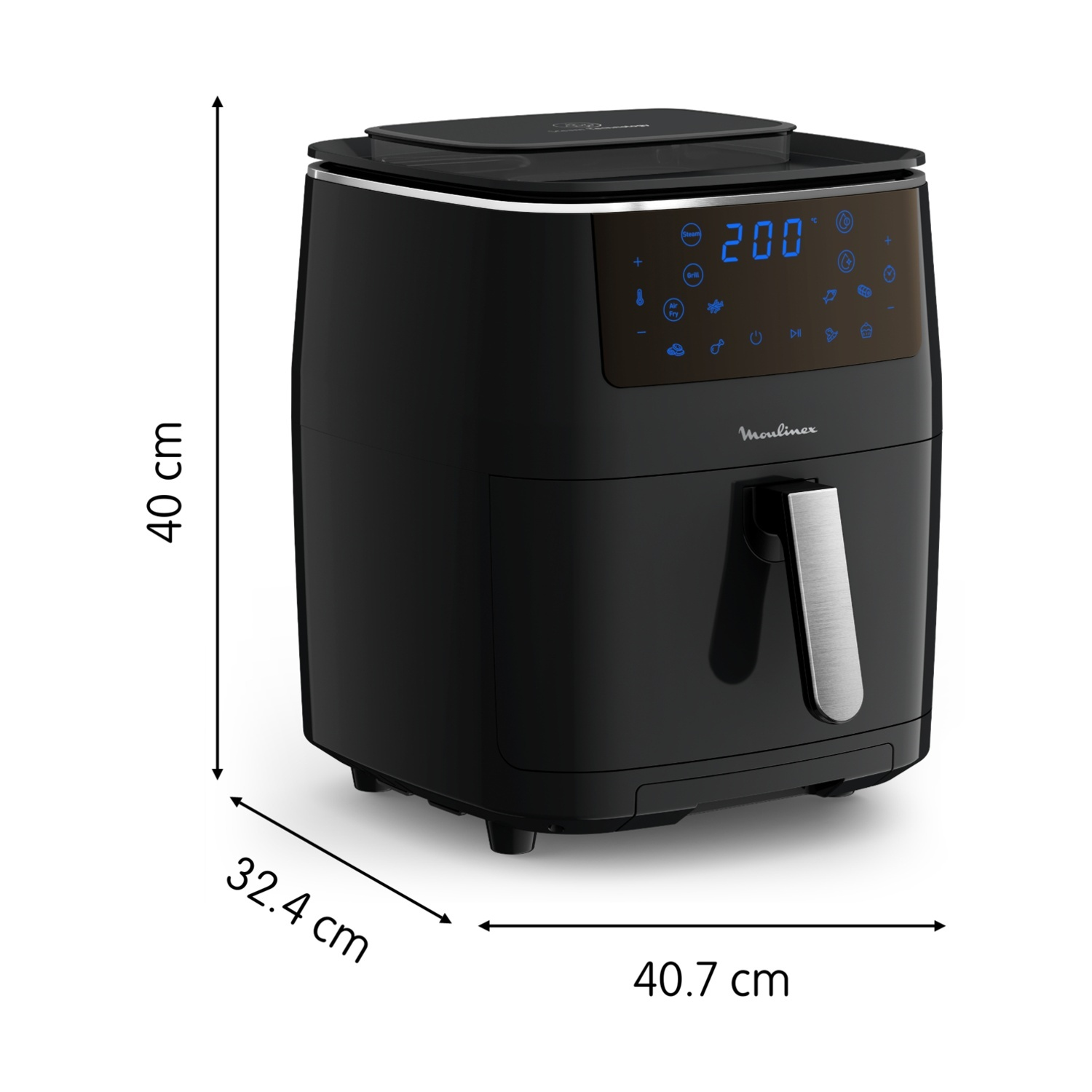 Friggitrice ad aria nera con dimensioni: 40 cm altezza, 32,4 cm profondità e 40,7 cm larghezza.