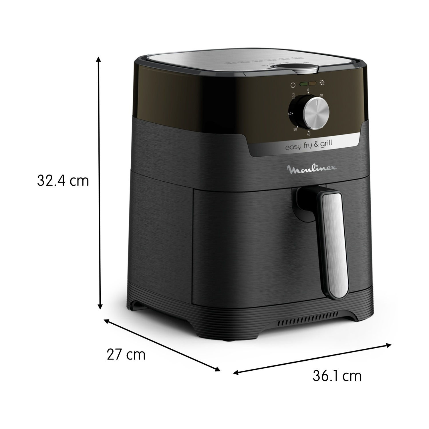 Friggitrice ad aria Moulinex Easy Fry & Grill nera con dimensioni. Ha una maniglia, display digitale e un quadrante.