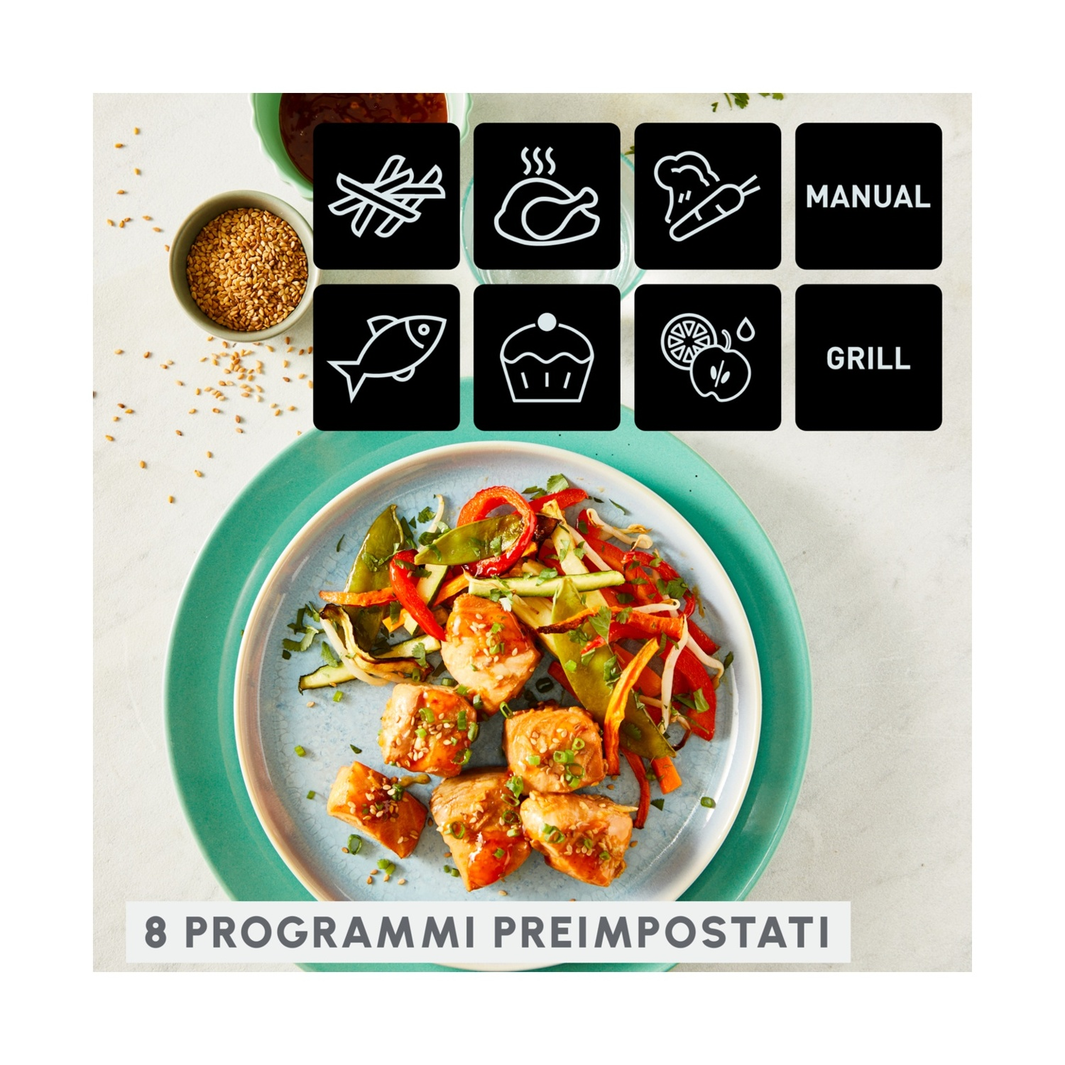 Un piatto di cibo con pesce e verdure cotti, con 8 icone di programmi di cottura preimpostati.
