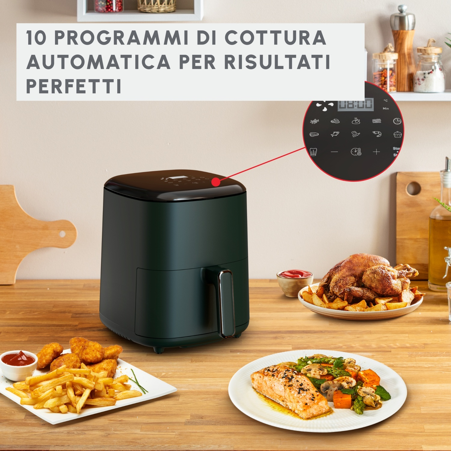 Friggitrice ad aria con piatto di cibo e pannello di controllo con icone.