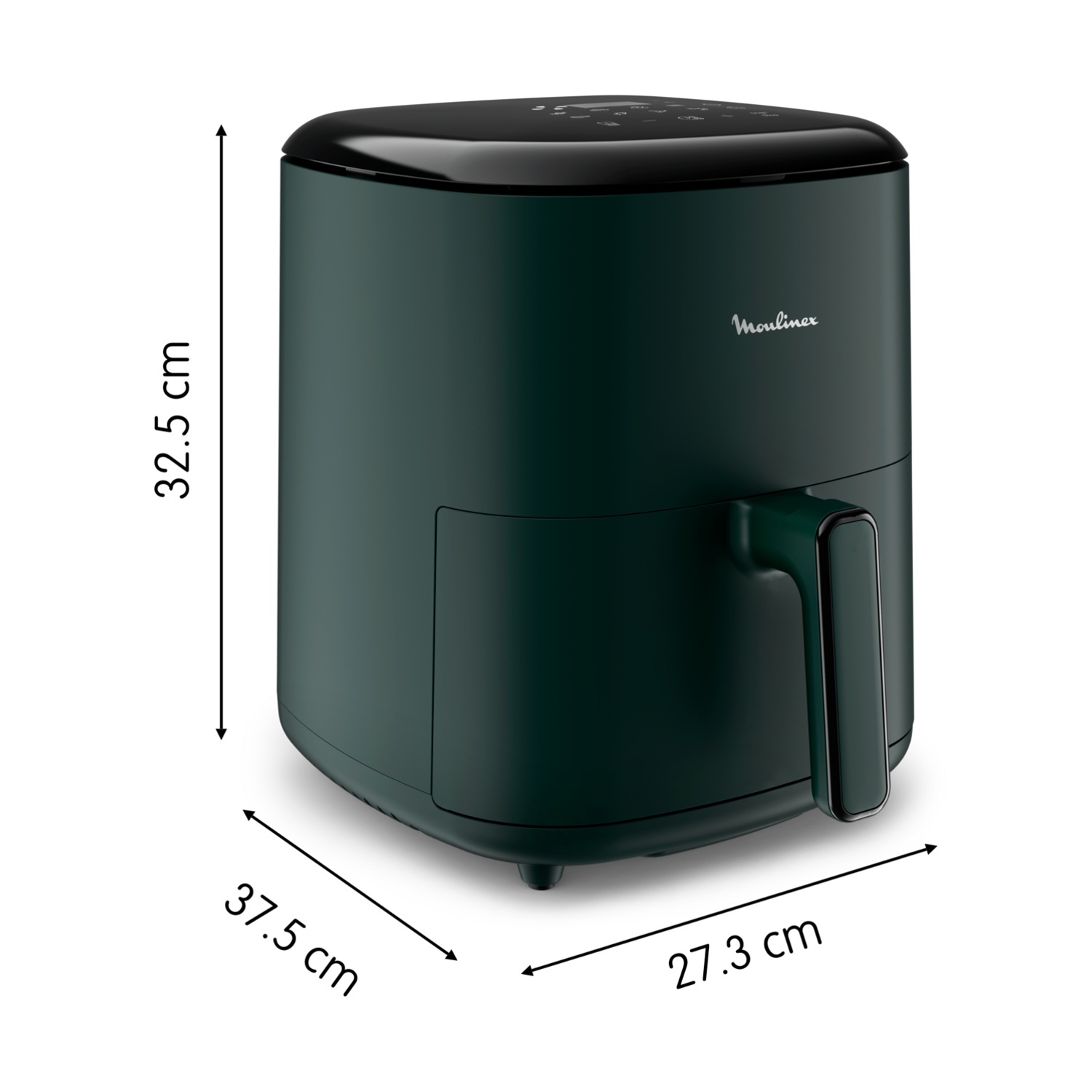Friggitrice ad aria verde scuro con dimensioni, isolata su sfondo bianco.