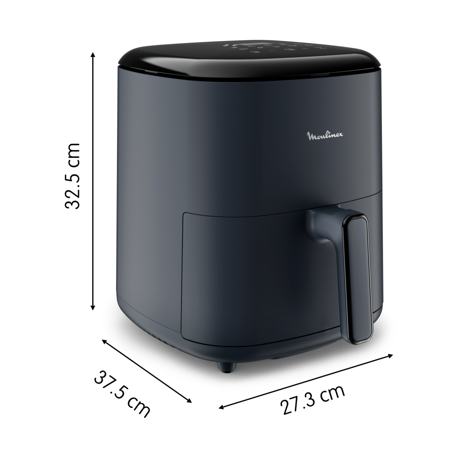 Friggitrice ad aria blu scuro con dimensioni etichettate, su sfondo bianco.