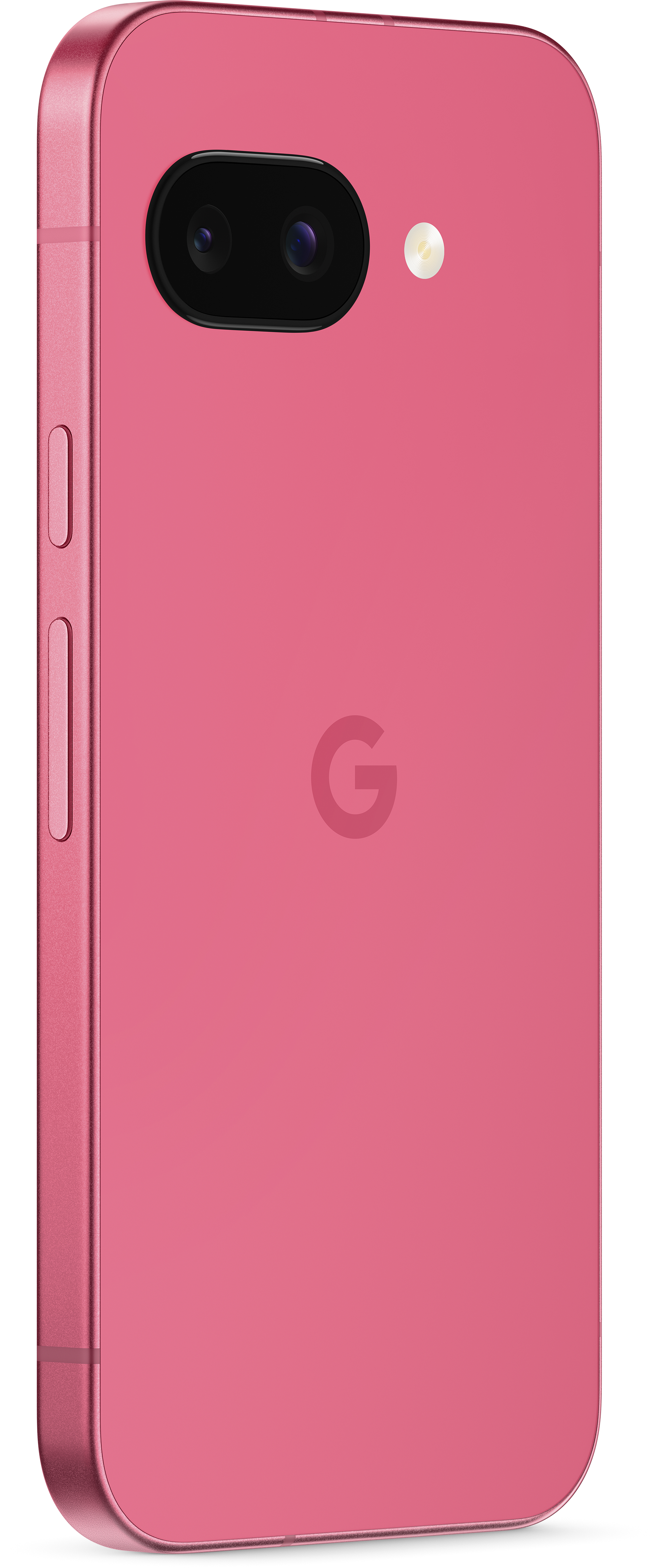 Rosa Google-Telefon mit Dual-Kameras und weißem Blitz auf der Rückseite.