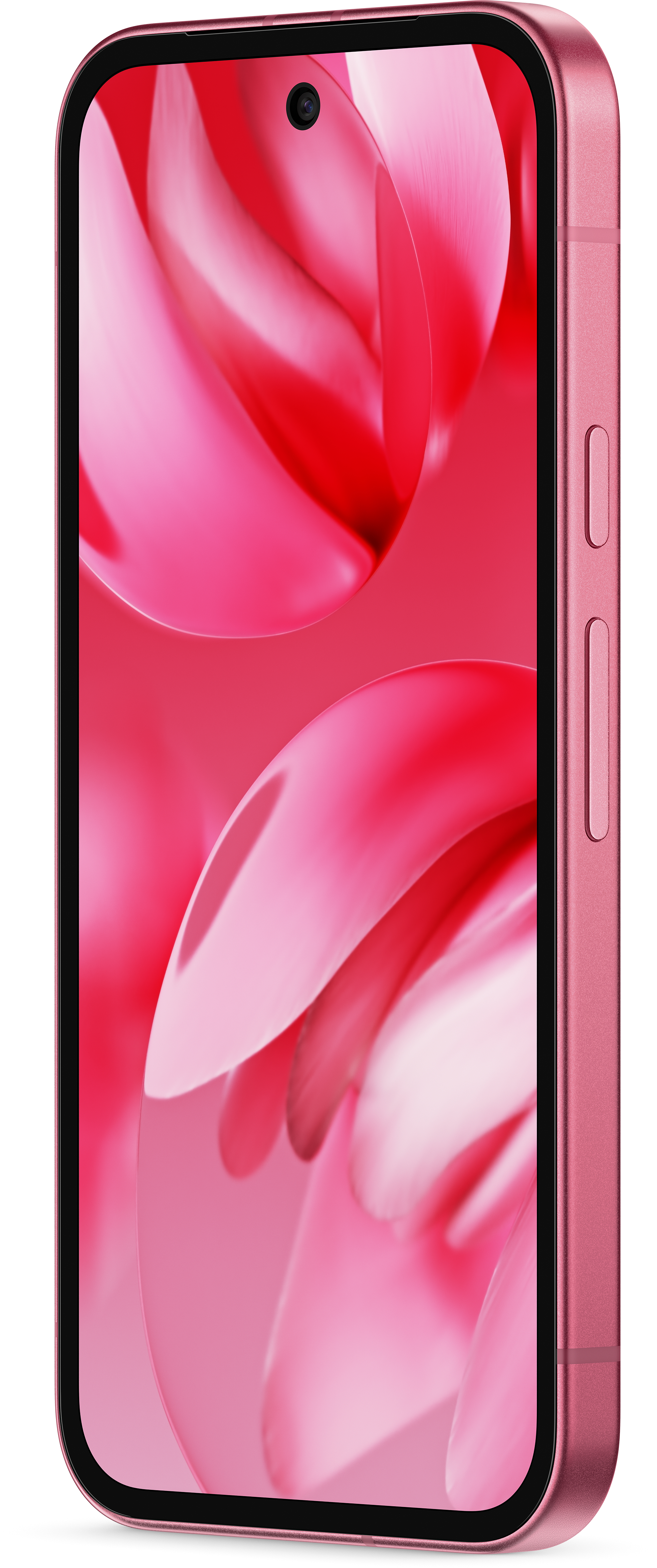 Seitenansicht eines rosa Telefons mit Kamera und Knöpfen, mit rosa Blumenkunsthintergrund.