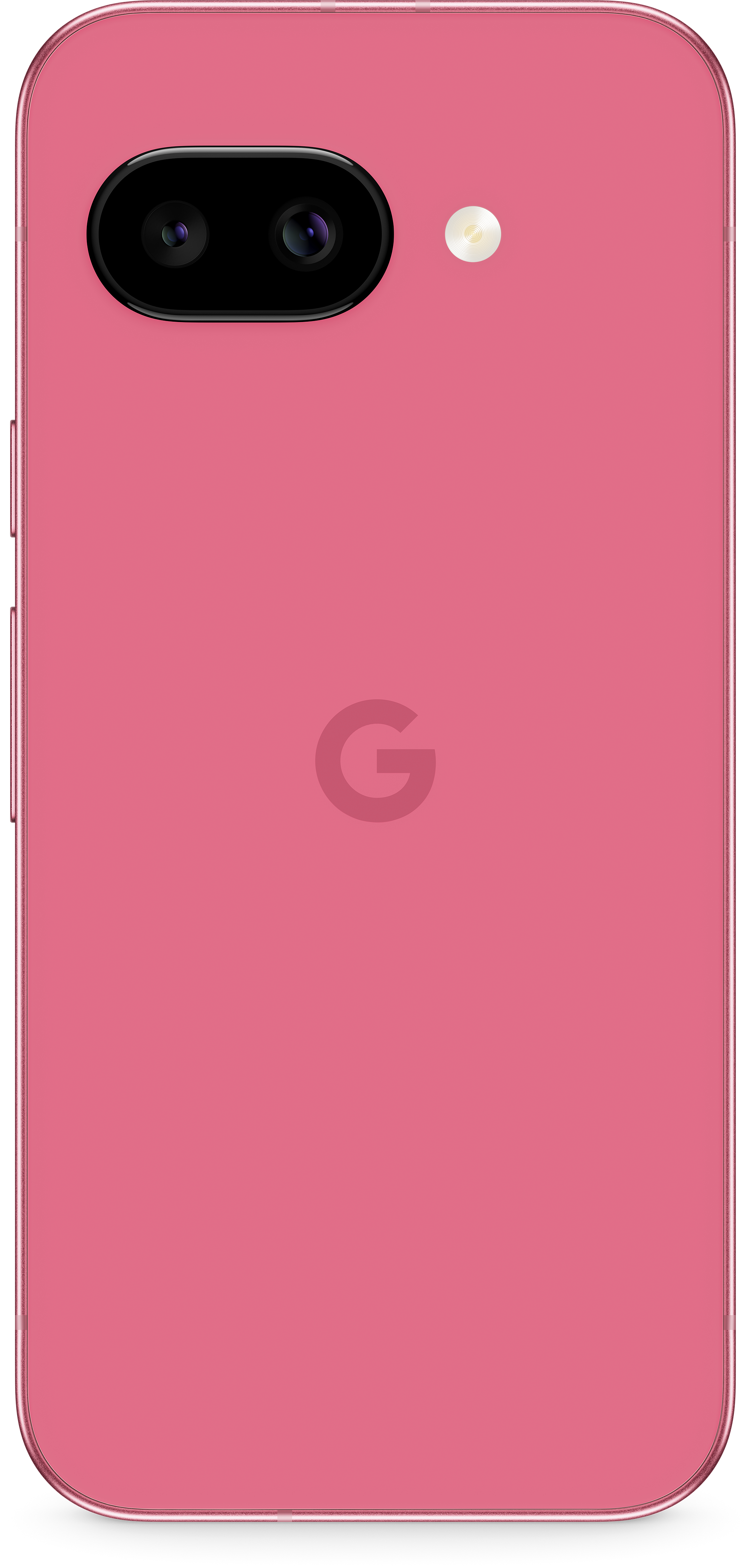 Rosa Telefon auf weißem Hintergrund. Zwei Kameras und ein Blitz auf der Rückseite.