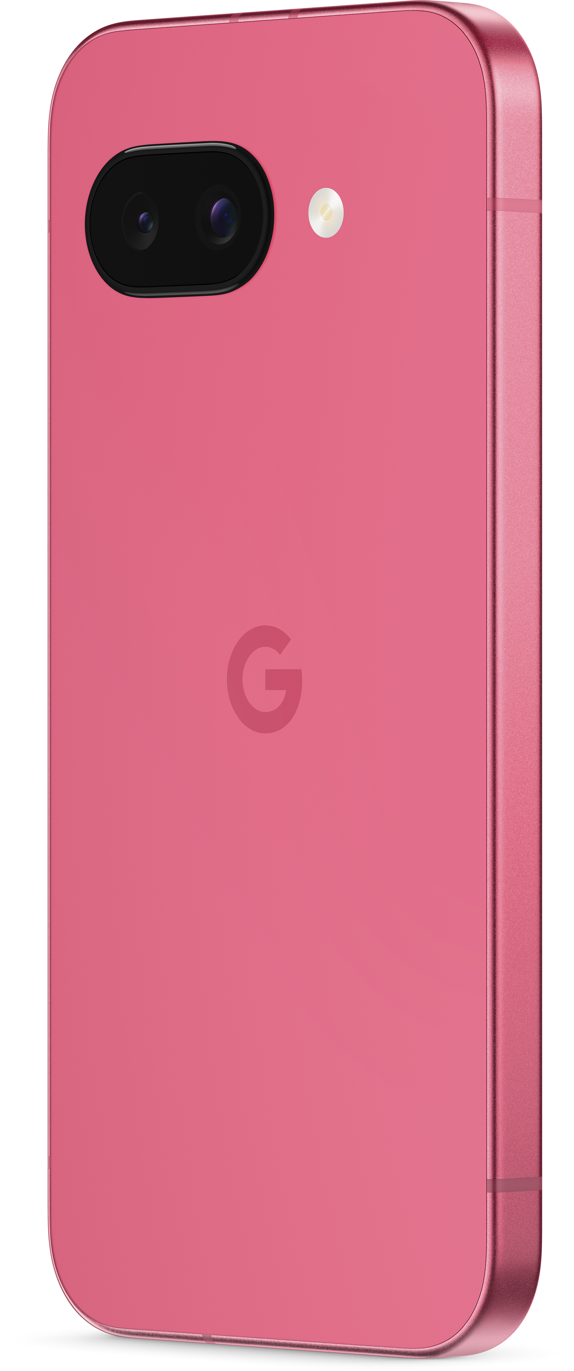 Rosa Smartphone, Rückansicht, mit Doppelkammern und einem Google-Logo, leicht angewinkelt.