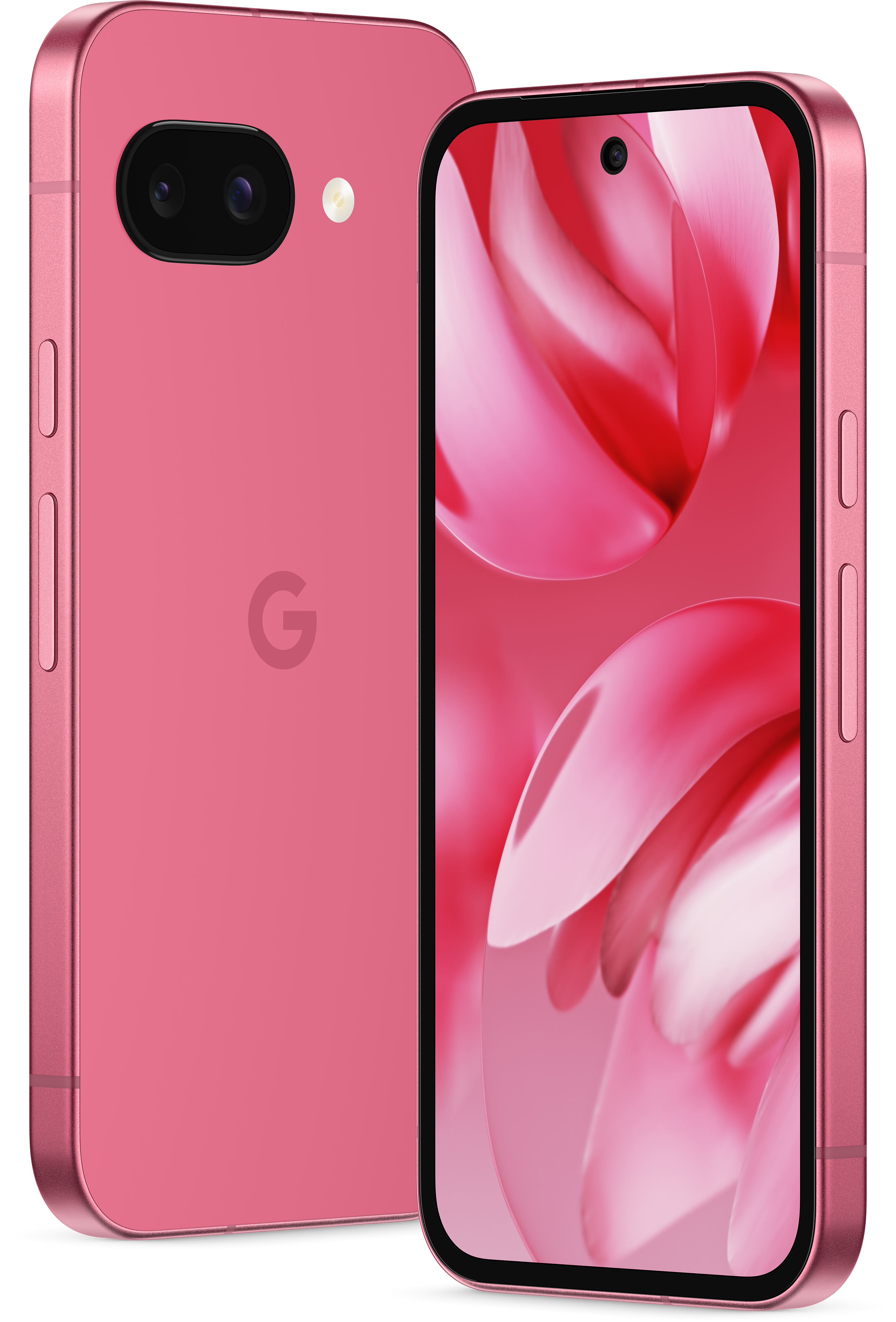 Ein pinkes Smartphone mit Dual-Kamera und Frontkamera.