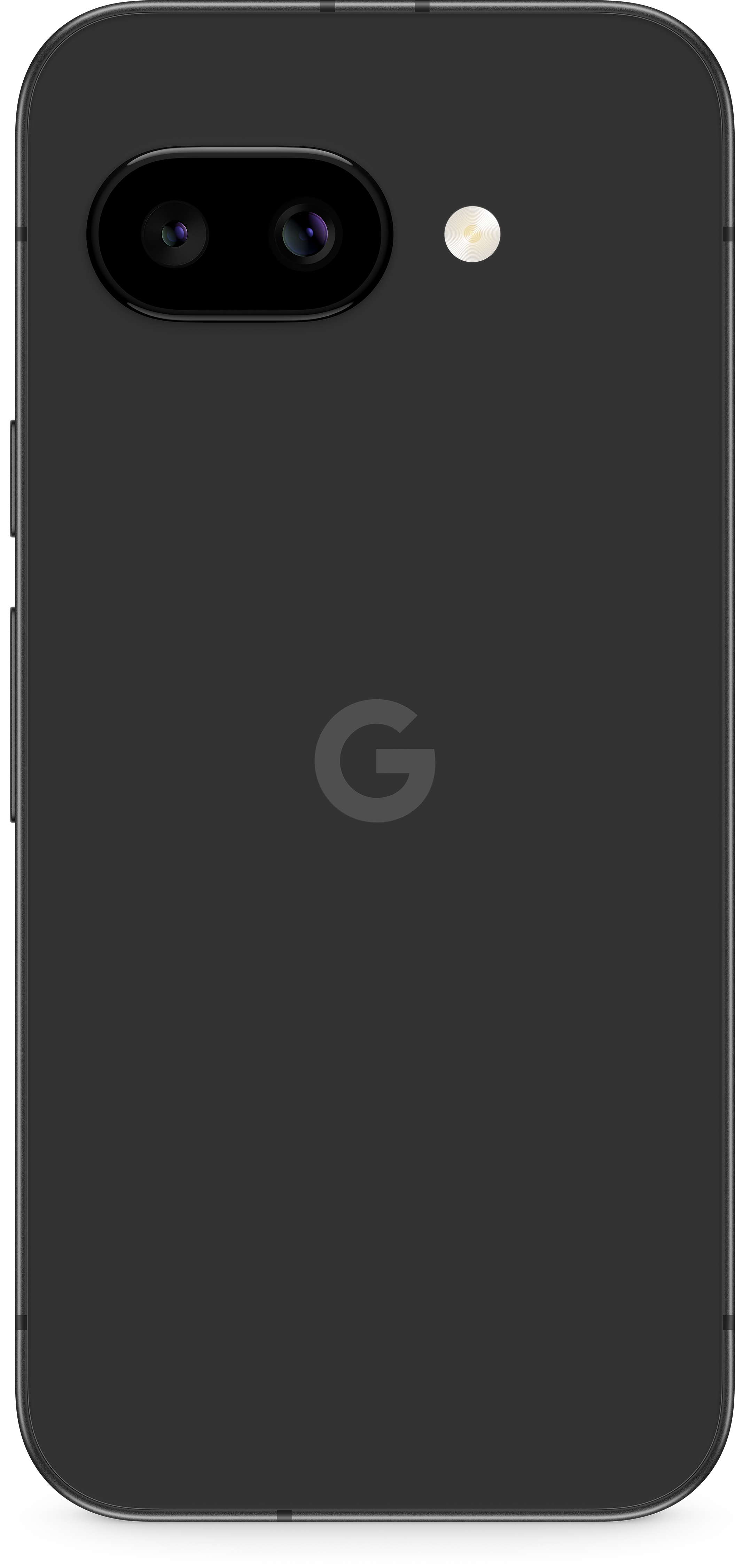 Rückansicht eines schwarzen Smartphones mit Dual-Kameras und Blitz, Google-Logo auf schwarzer Oberfläche.