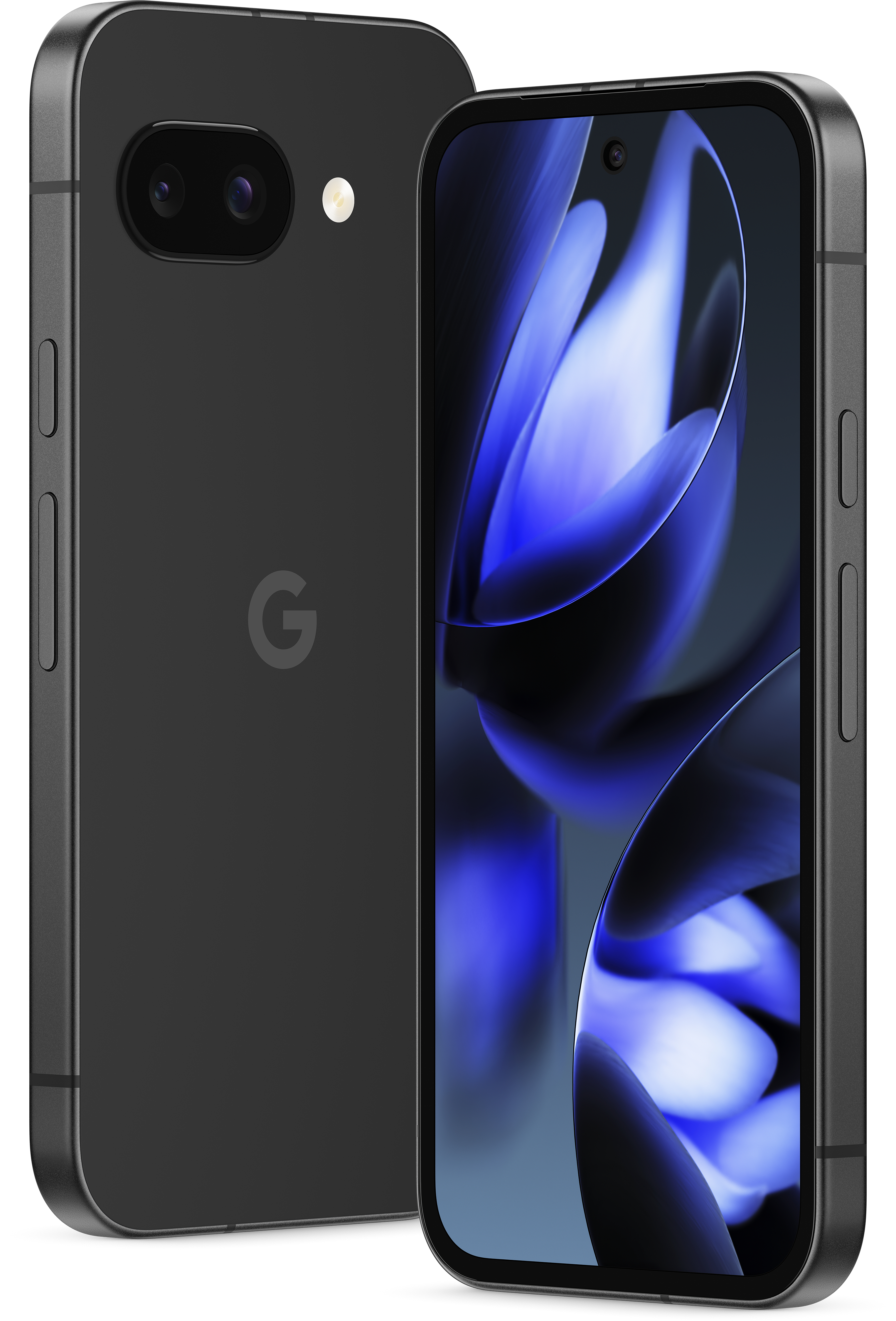 Schwarzes Smartphone mit Dual-Kameras und Bildschirm mit blauem, abstraktem Design.