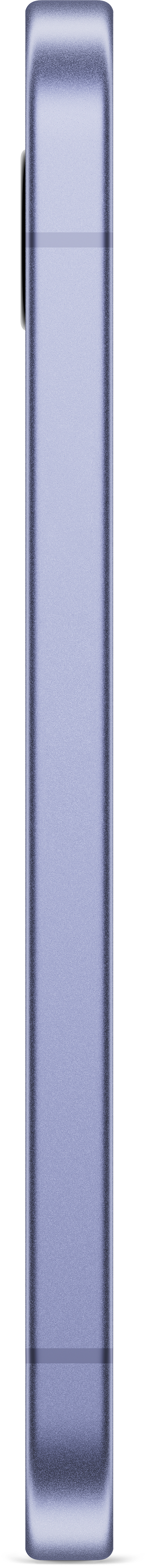 Seitenansicht eines rechteckigen, hellvioletten Telefons. Das Telefon ist schlank und hat eine glatte Oberfläche.