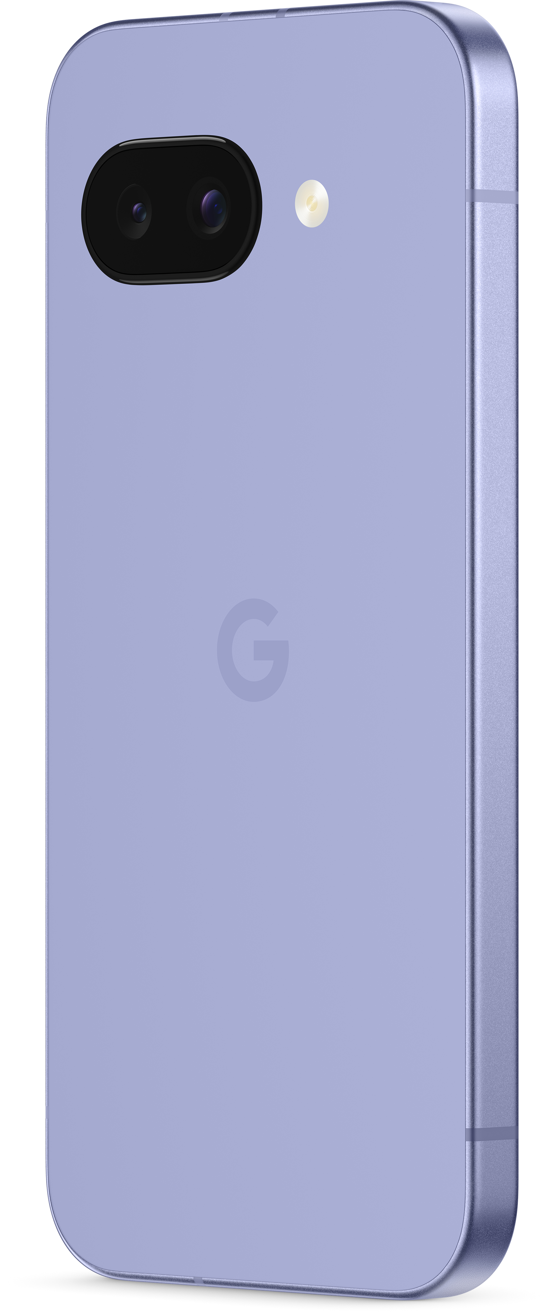 Rückansicht eines hellvioletten Smartphones mit Dual-Kameras und 'G'-Logo.