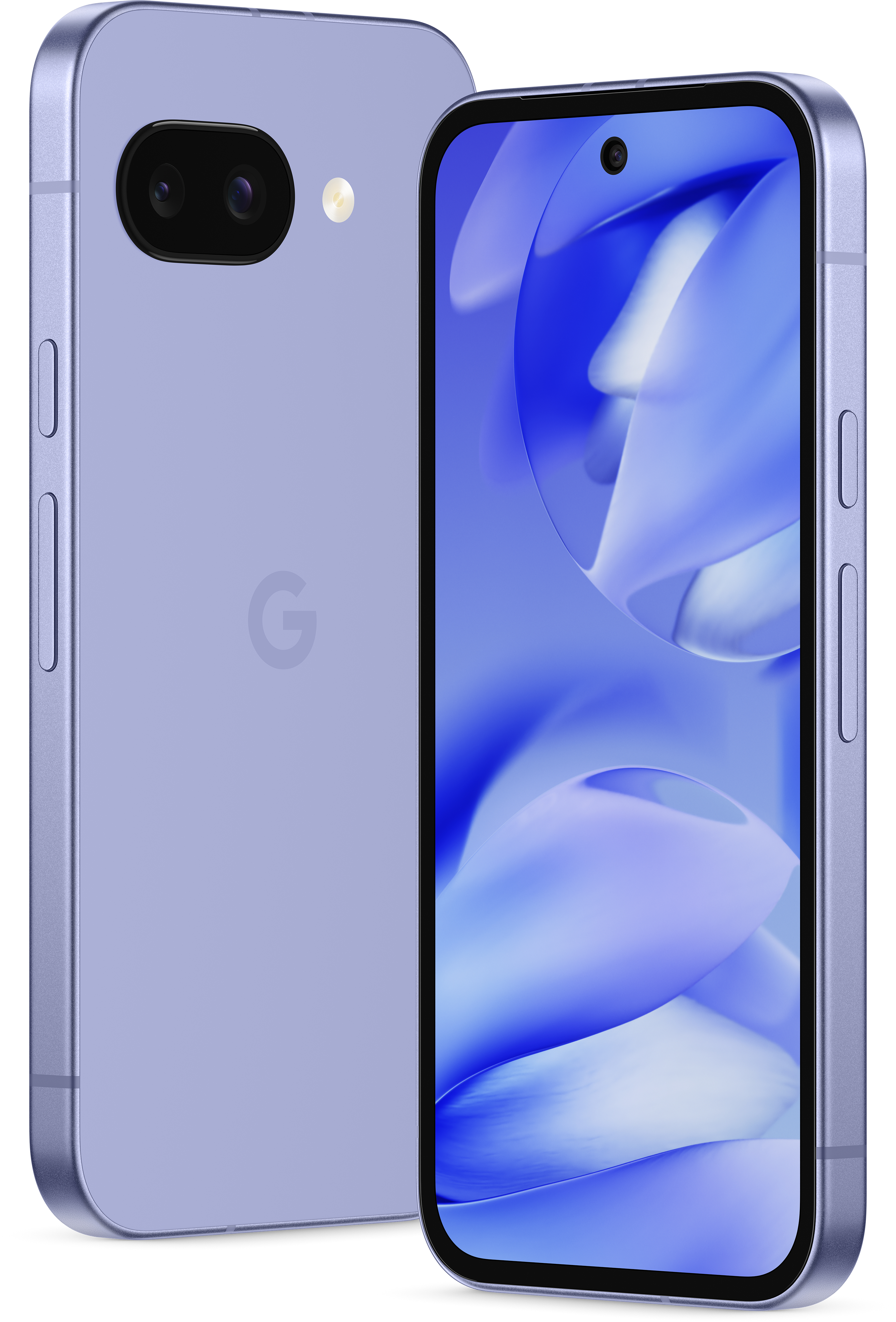 Ein neues lila Telefon mit Dual-Kamera-Setup auf der Rückseite und einem gebogenen Bildschirm.