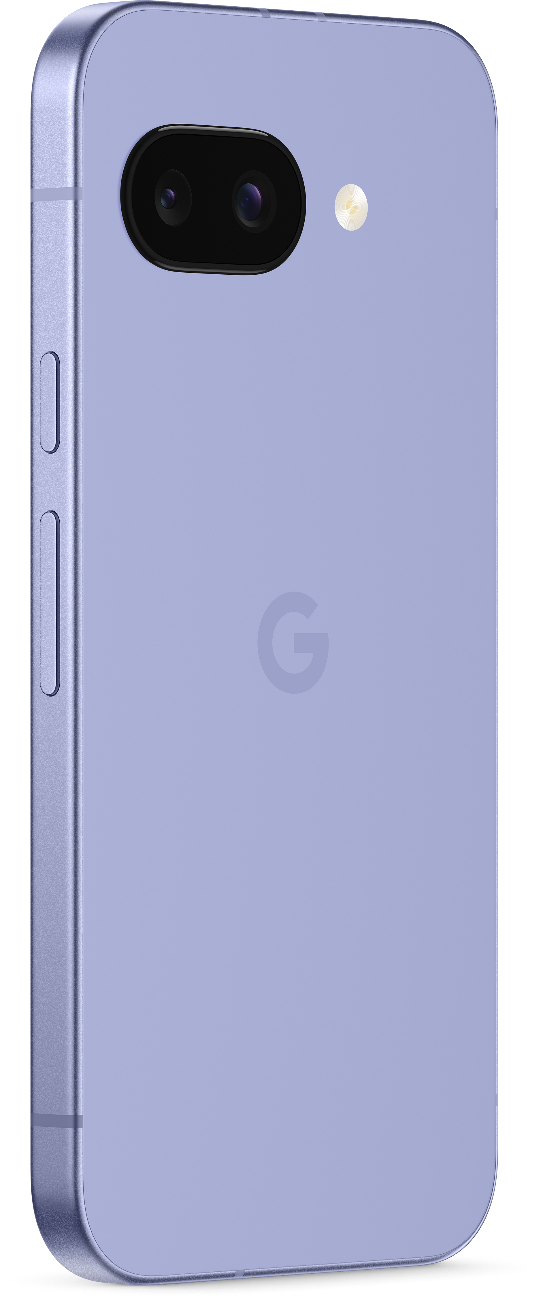 Ein lila Telefon mit zwei Kameras, einem Blitz und dem Google-Logo auf der Rückseite.