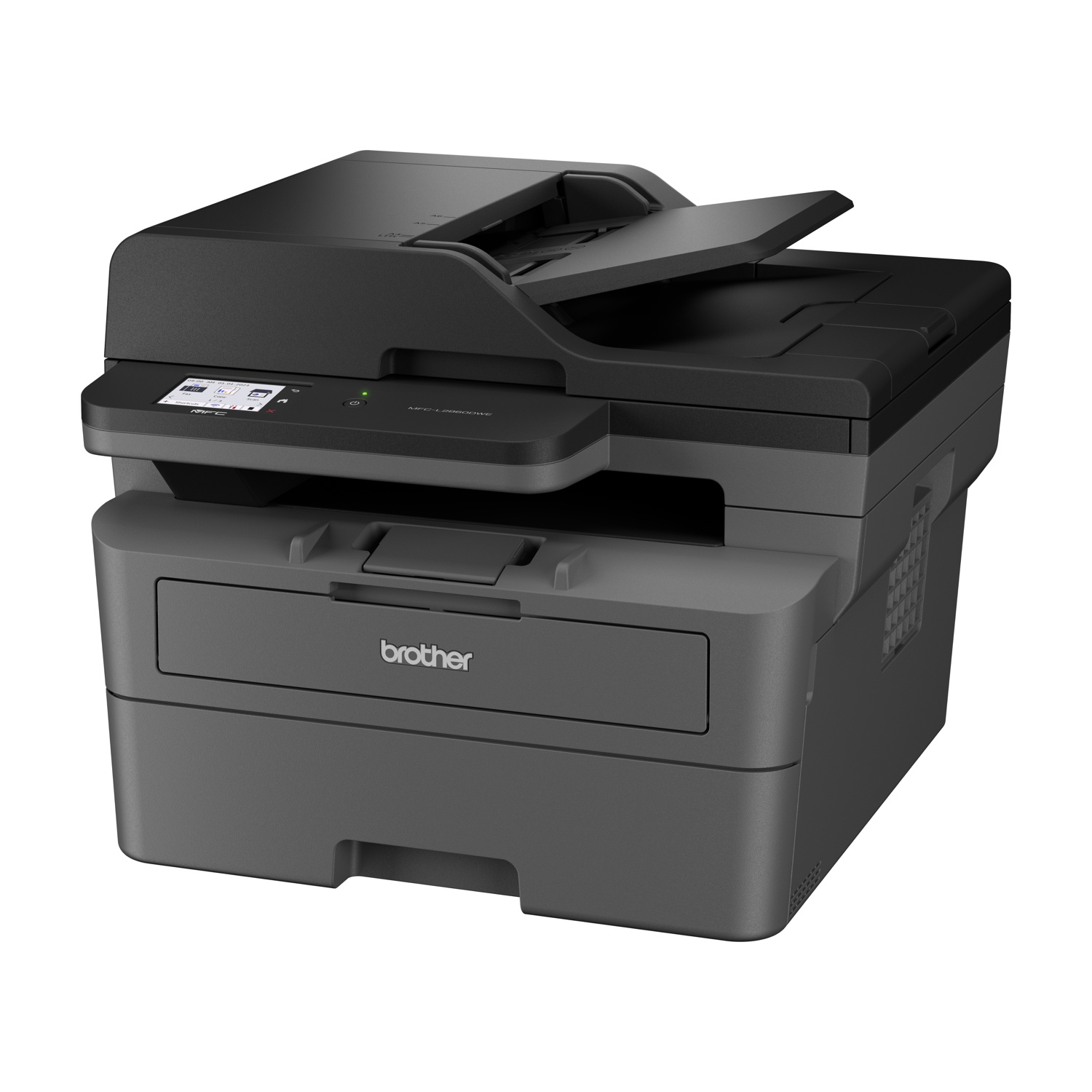 Stampante Brother nera e grigia. La stampante ha uno scanner piano. Sfondo bianco.