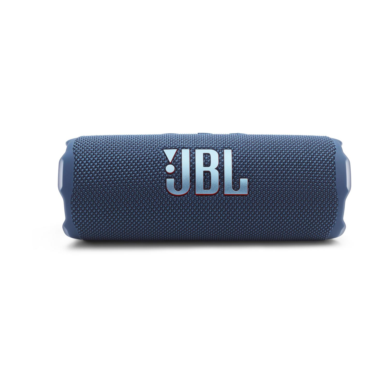 Altoparlante portatile JBL blu, forma cilindrica con logo JBL.