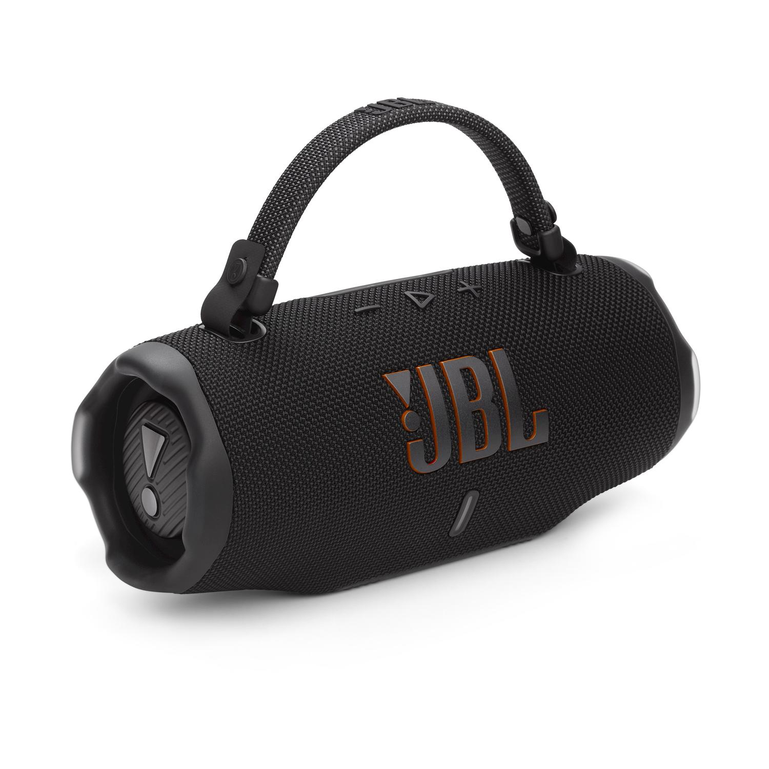 Altoparlante JBL nero con manico, logo arancione e sfondo scuro.