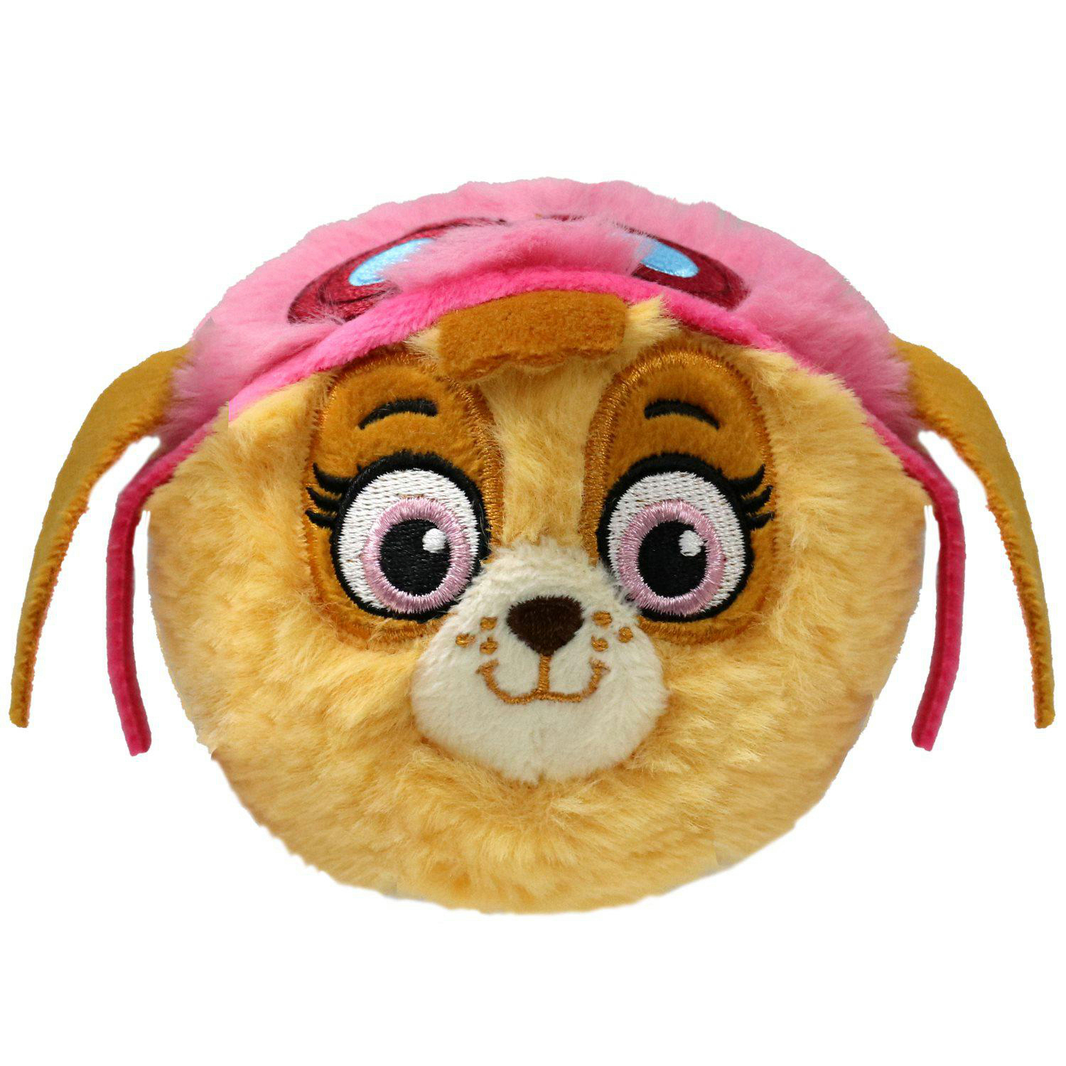 Ein rundes, plüschiges Spielzeug von Skye von Paw Patrol, das einen rosa Helm trägt.