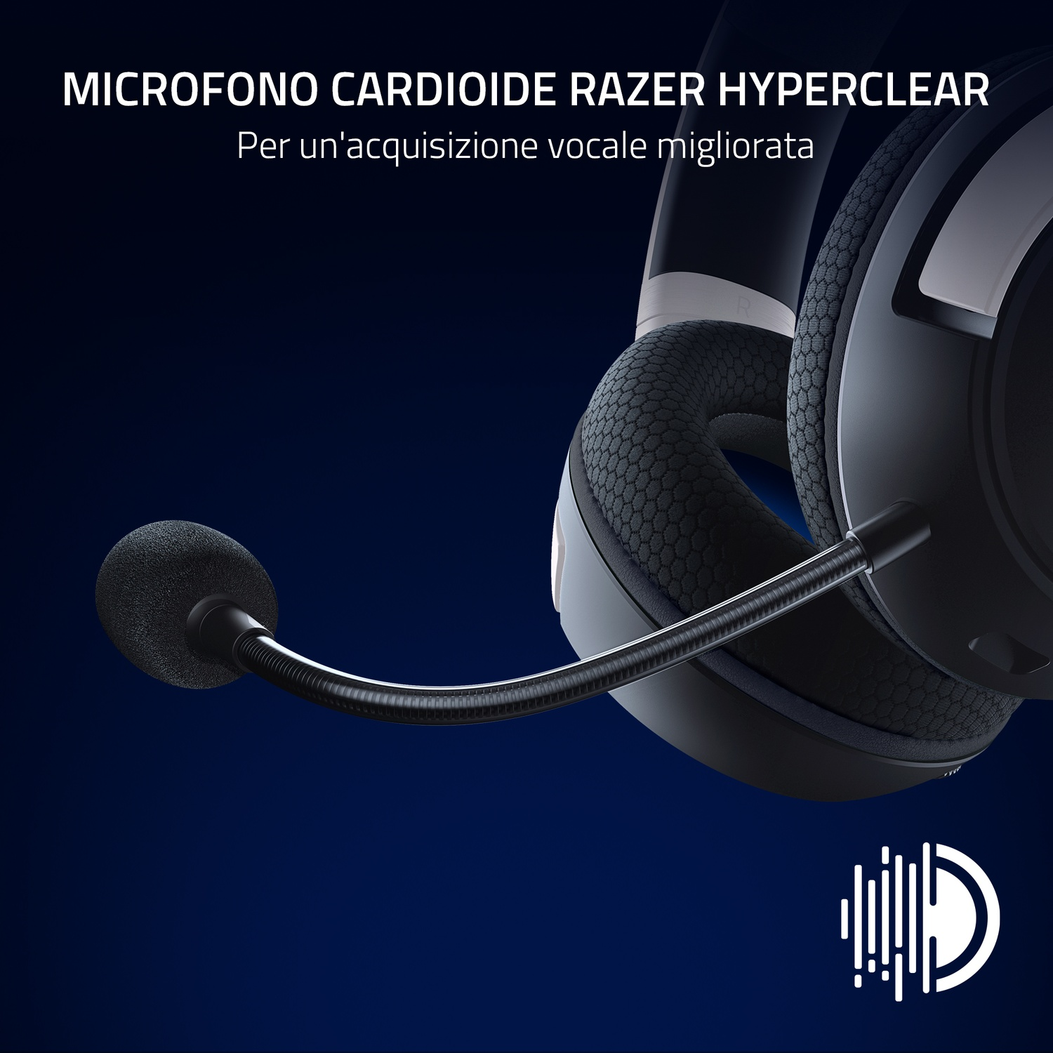 Una cuffia con microfono. Testo in italiano: 'MICROFONO CARDIOIDE RAZER HYPERCLEAR'.
