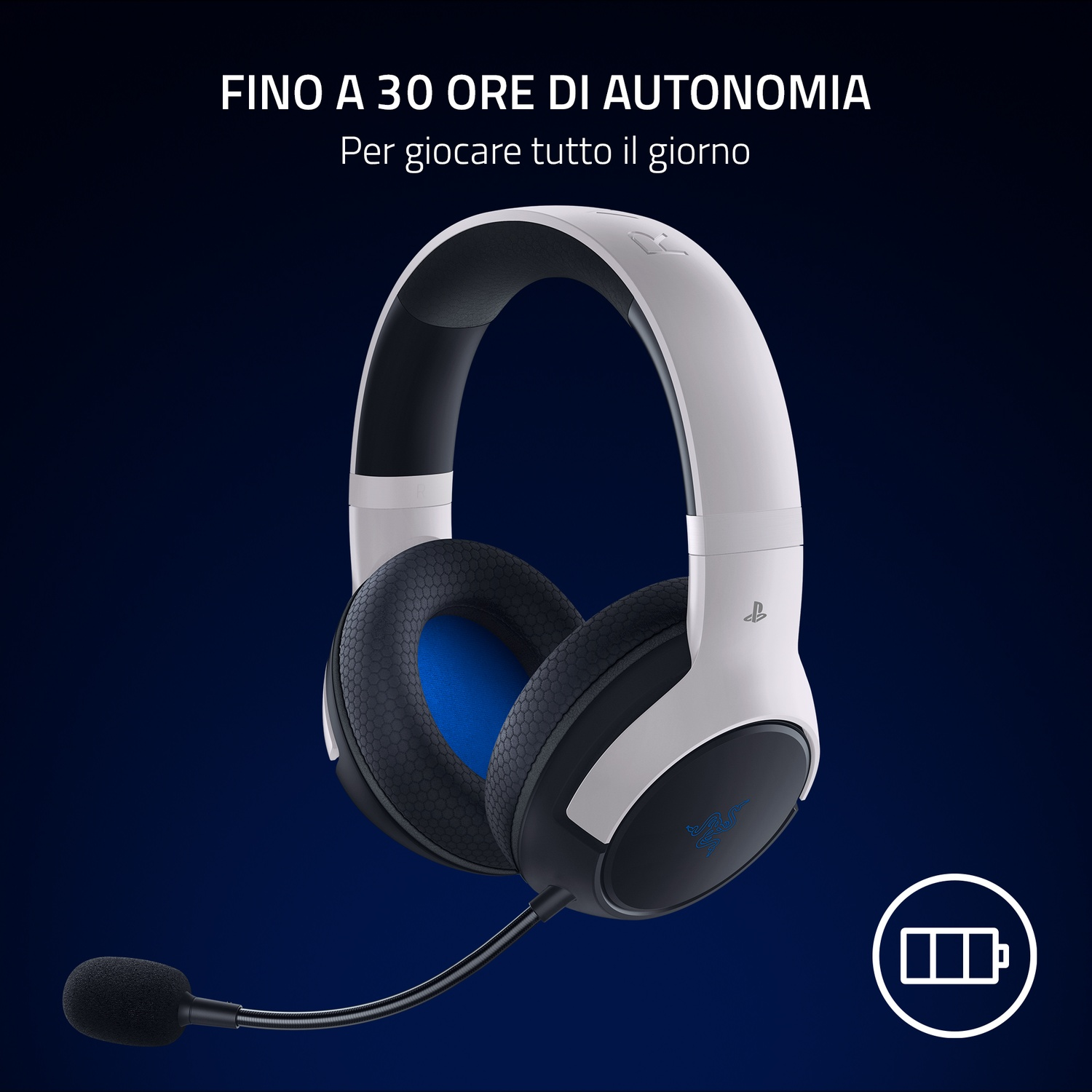 Cuffie da gaming bianche, padiglioni neri. Dettagli blu. Testo: Fino a 30 ore di autonomia.