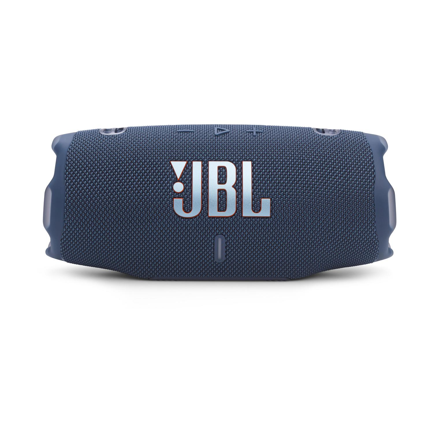 Altoparlante JBL blu. Ha una forma rettangolare con il logo JBL bianco al centro.