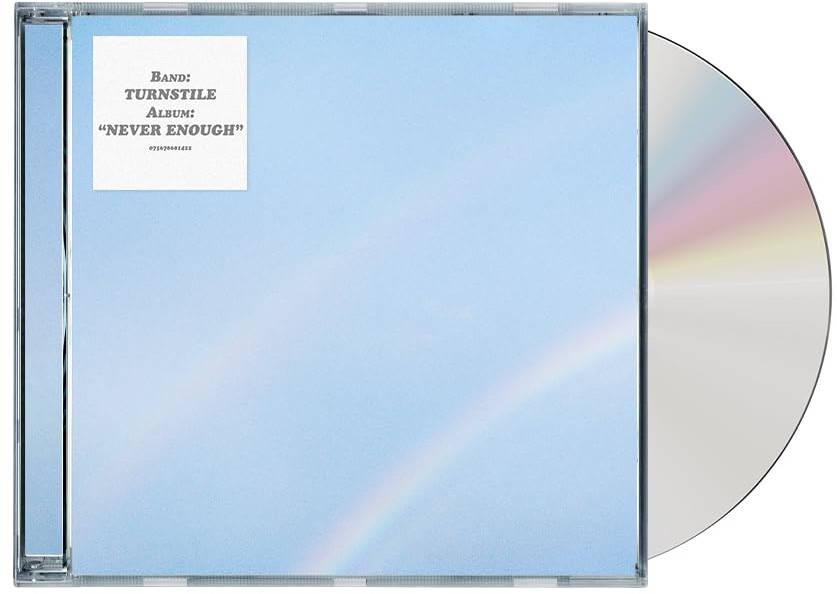 CD tok világoskék éggel és szivárvánnyal, CD-vel és a Turnstile 'Never Enough' albumával.