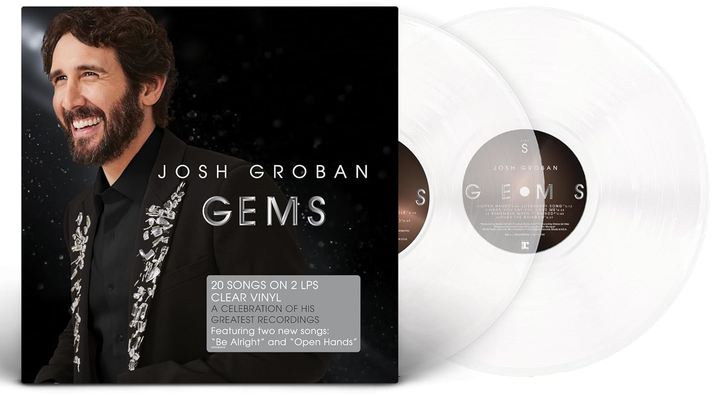 Josh Groban 'GEMS' album borítója. Átlátszó bakelit lemezek. Férfi öltönyben.