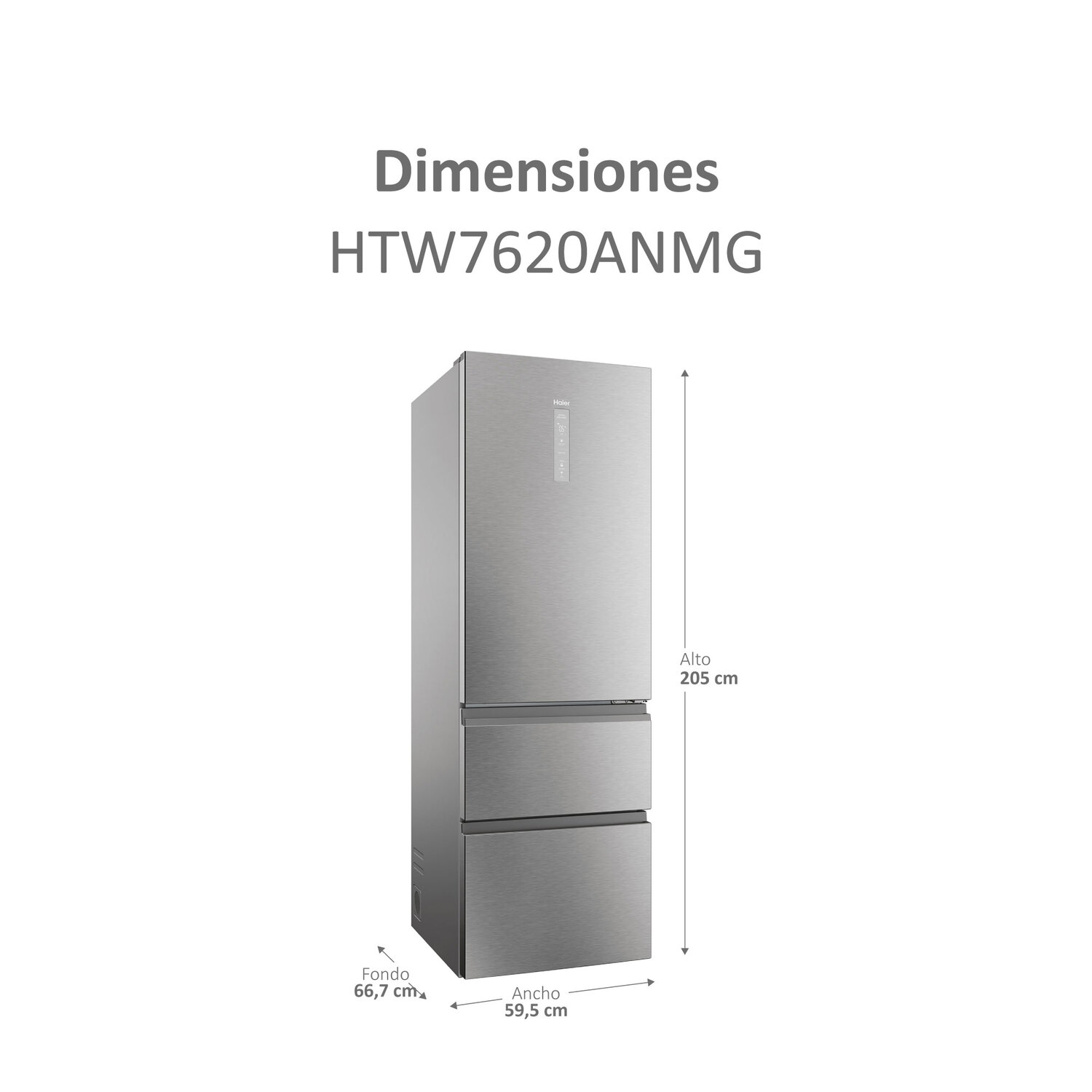 Refrigerador Haier plateado con dos puertas y dimensiones: 205 cm alto, 66,7 cm fondo, 59,5 cm ancho.