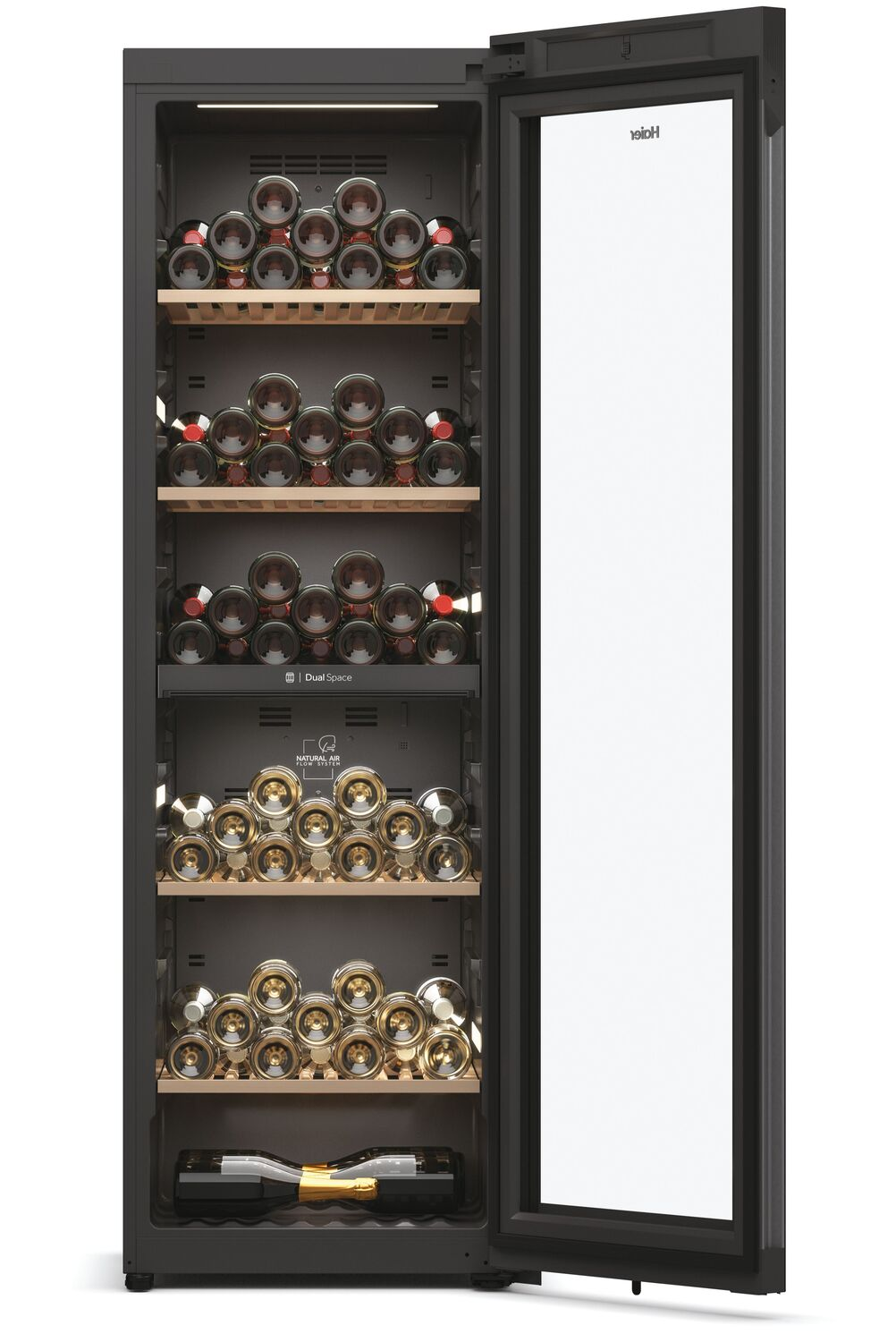 Una vinoteca negra con muchas botellas de vino en su interior.