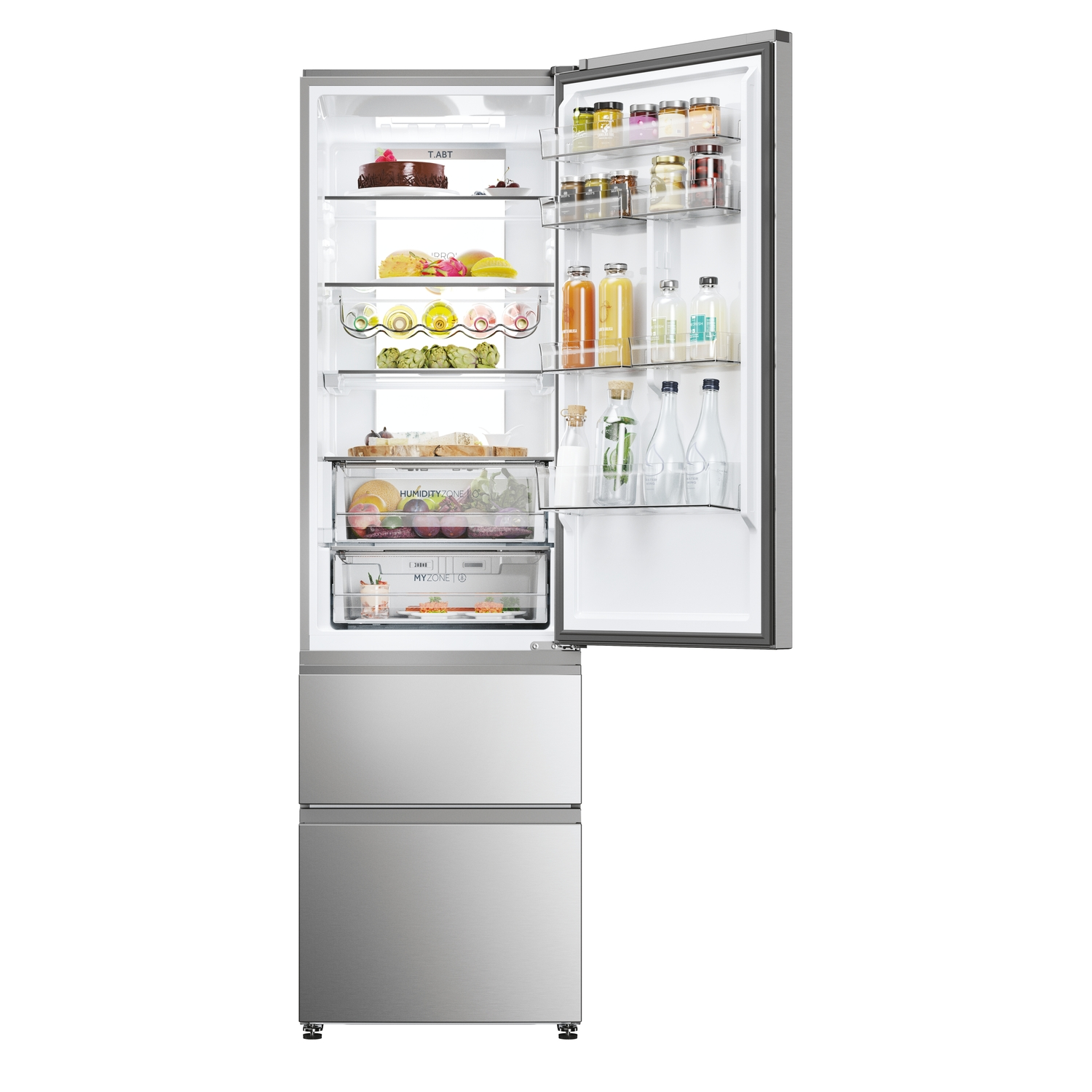 Refrigerador abierto, con estantes y alimentos visibles.