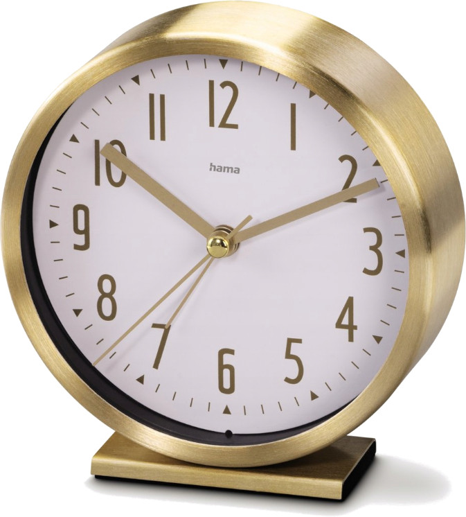 Złoty analogowy budzik z widocznymi cyframi na tarczy.