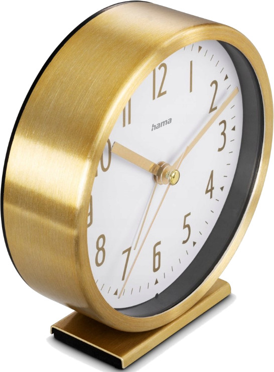 Złoty budzik analogowy na białej powierzchni. Tarcza zegara ma cyfry i wskazówki.