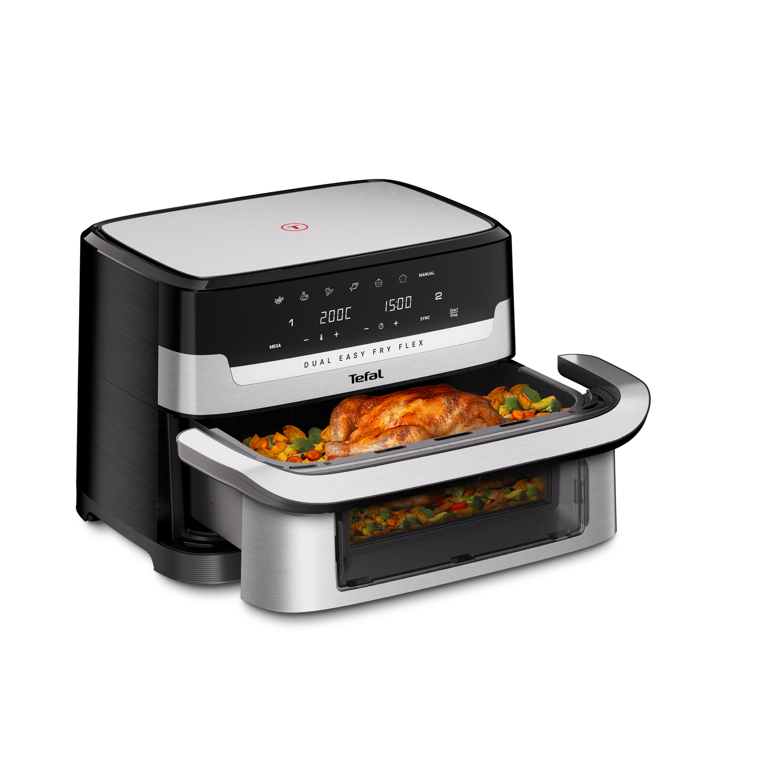 Dual air fryer with a cooked chicken and vegetables in the tray, black and silver.
