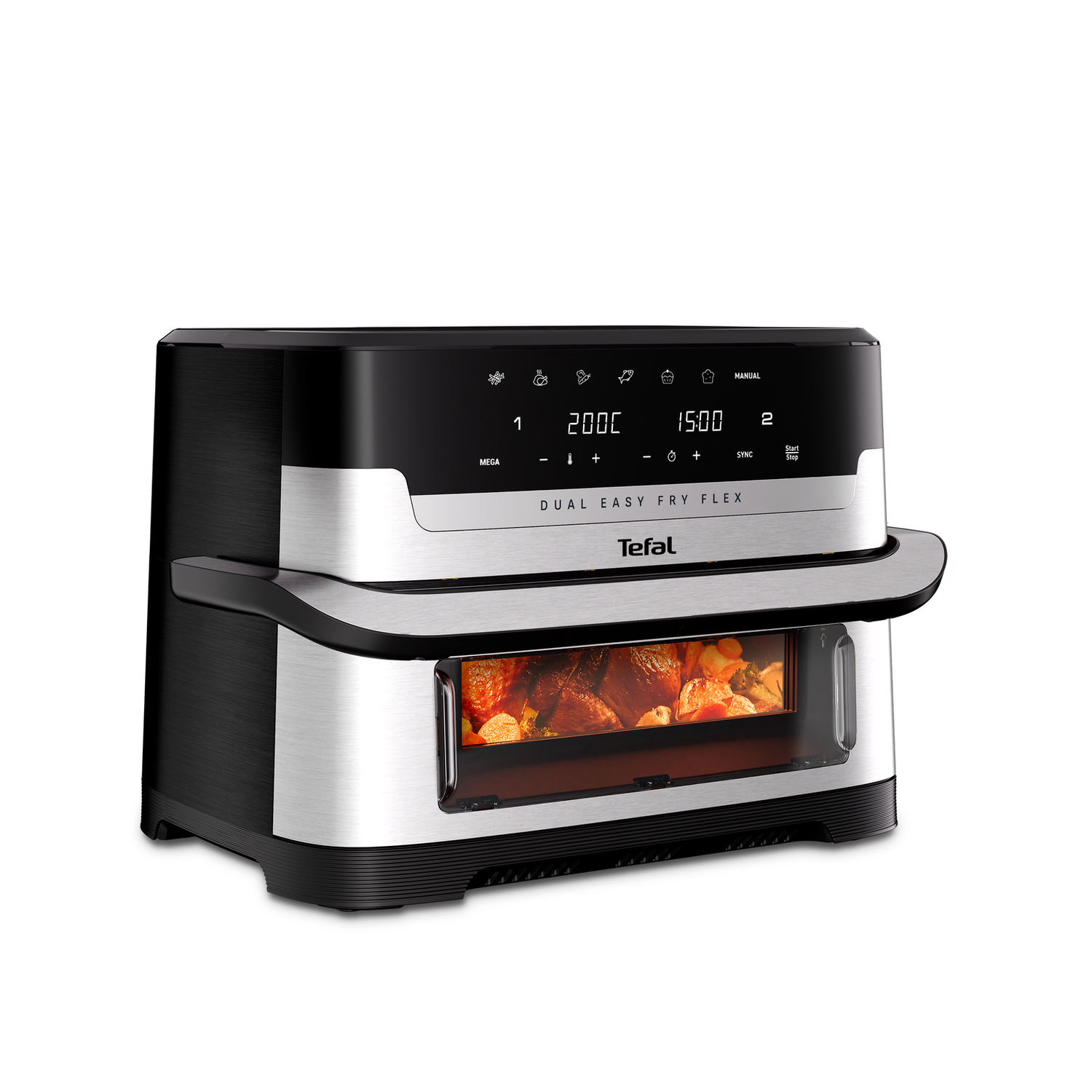 An air fryer with a digital display, and a transparent window showing food.