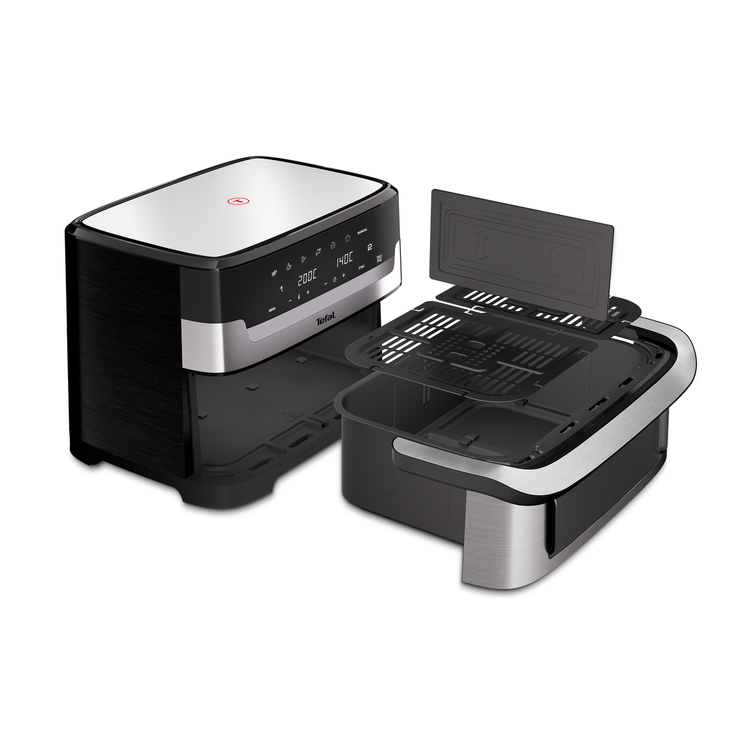 A black and silver Tefal air fryer with the basket removed. The separate cooking tray is also visible.