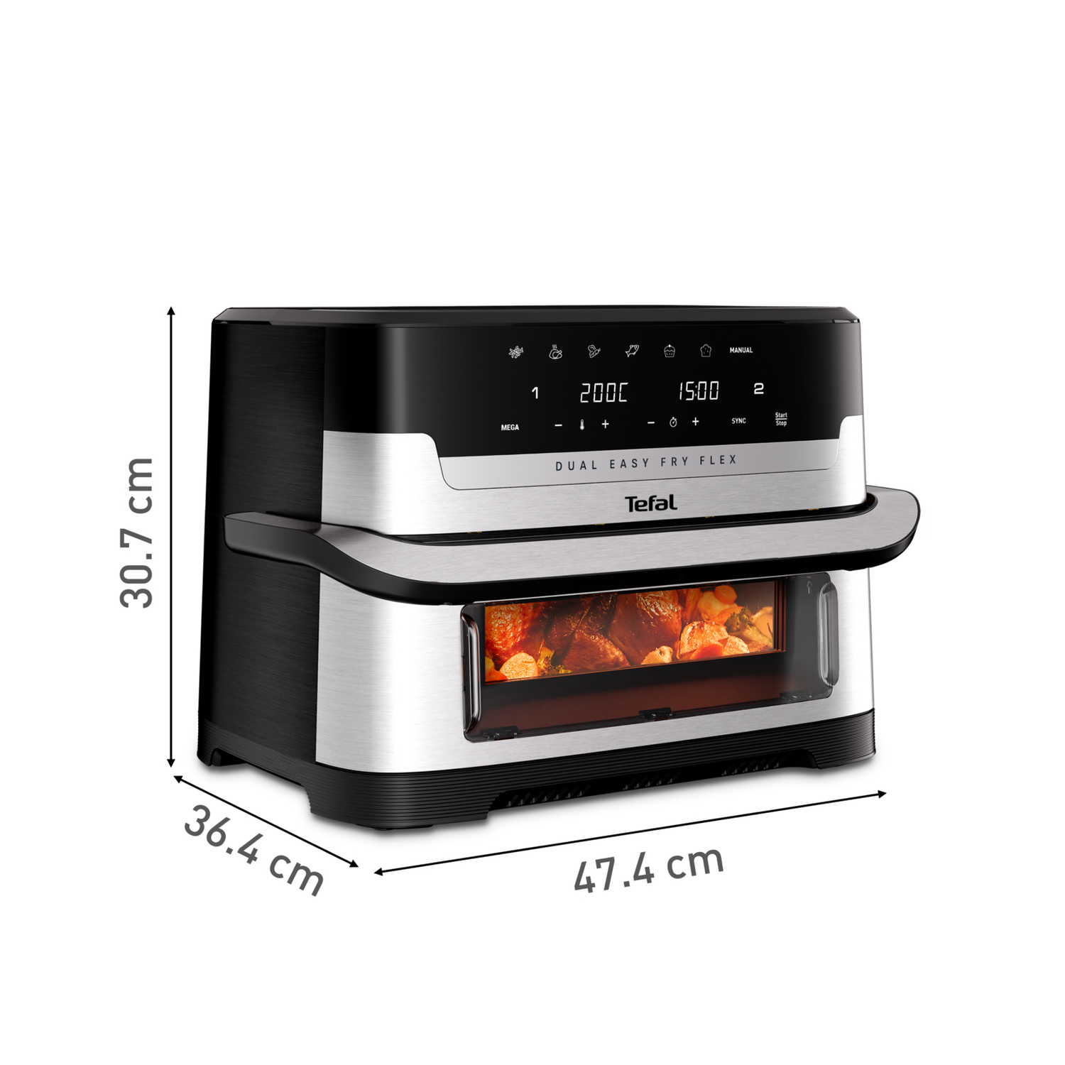 Air fryer, black and silver, side view, with food.