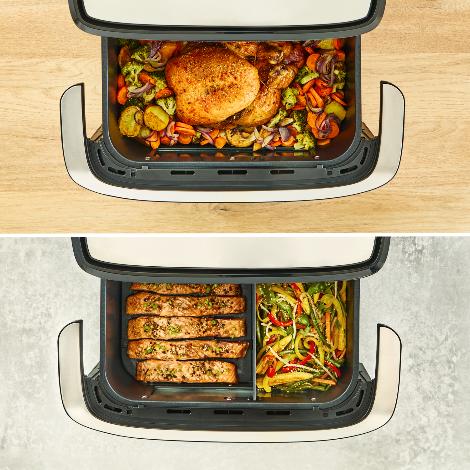 Air fryer showing two compartments. Top: roasted chicken and vegetables. Bottom: salmon and vegetables.