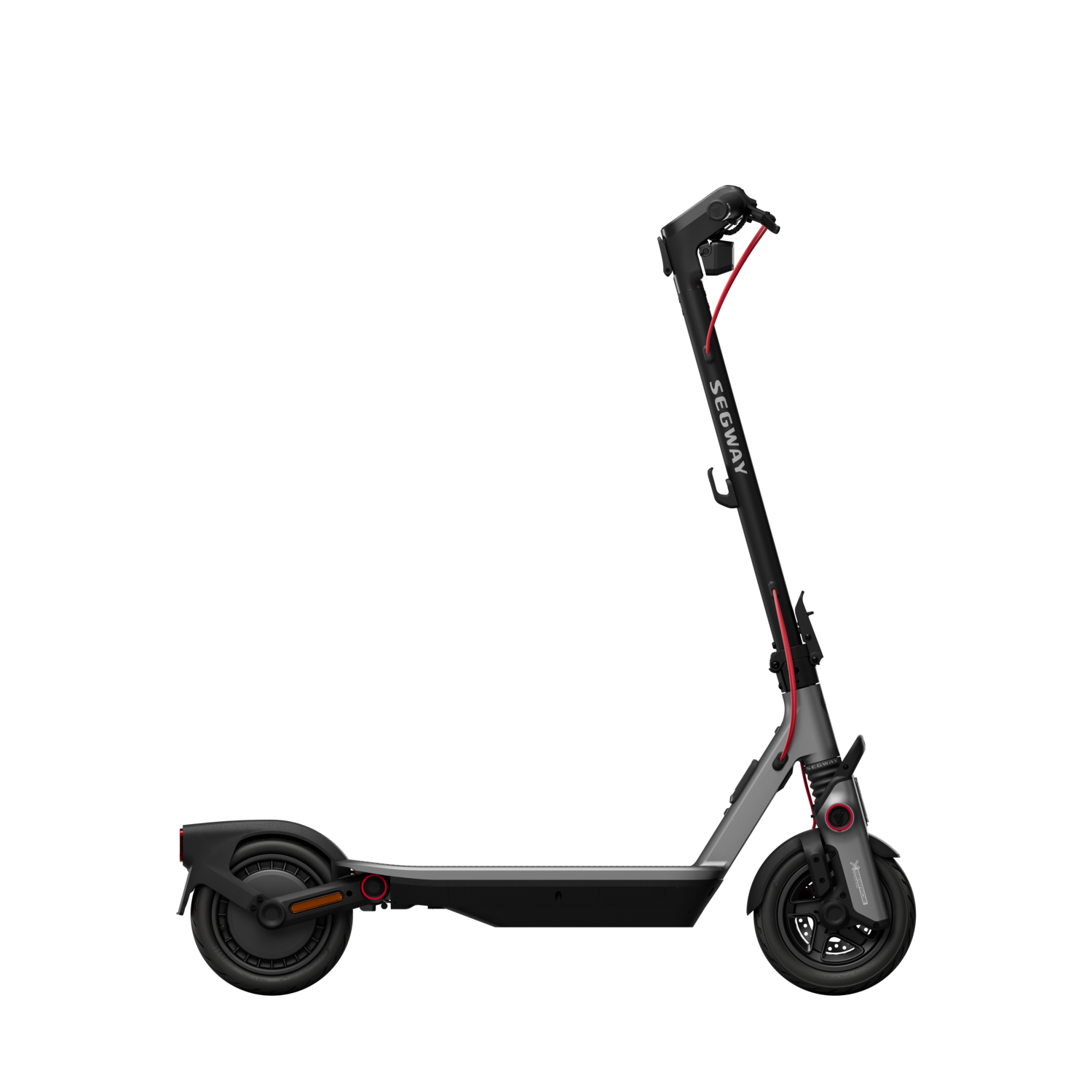 A black and gray Segway electric scooter on a black background.