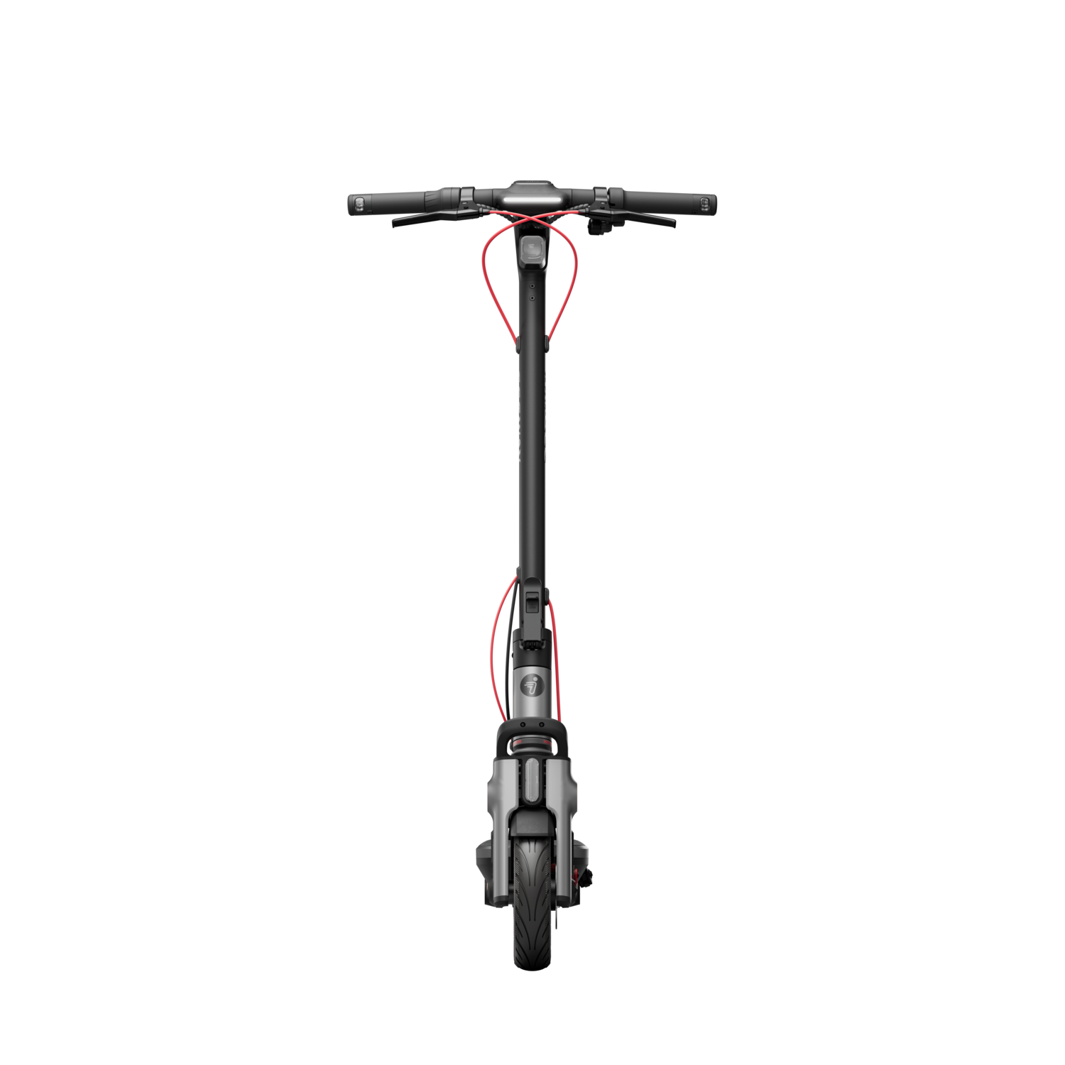 Black electric scooter with a red cable and a black background.