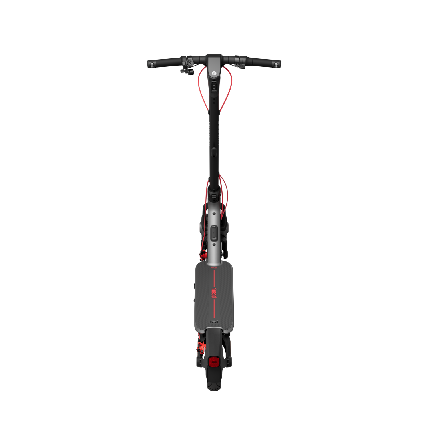 Black and silver electric scooter, top-down view, isolated on a black background.