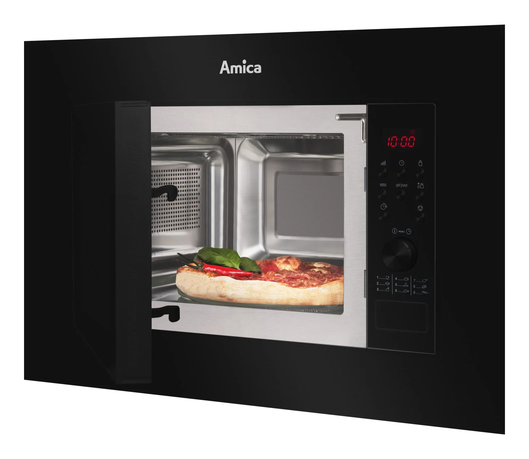 Mikrohullámú sütő egy pizzával belül. Nyitott ajtó. Fekete keret. Digitális kijelző.