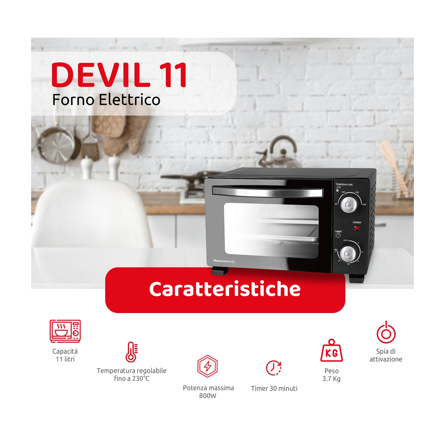 Un forno elettrico nero con caratteristiche elencate. È su un bancone bianco in un ambiente cucina.